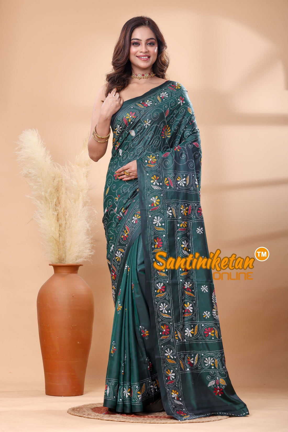 Bangalore Silk Kantha Stitch Saree