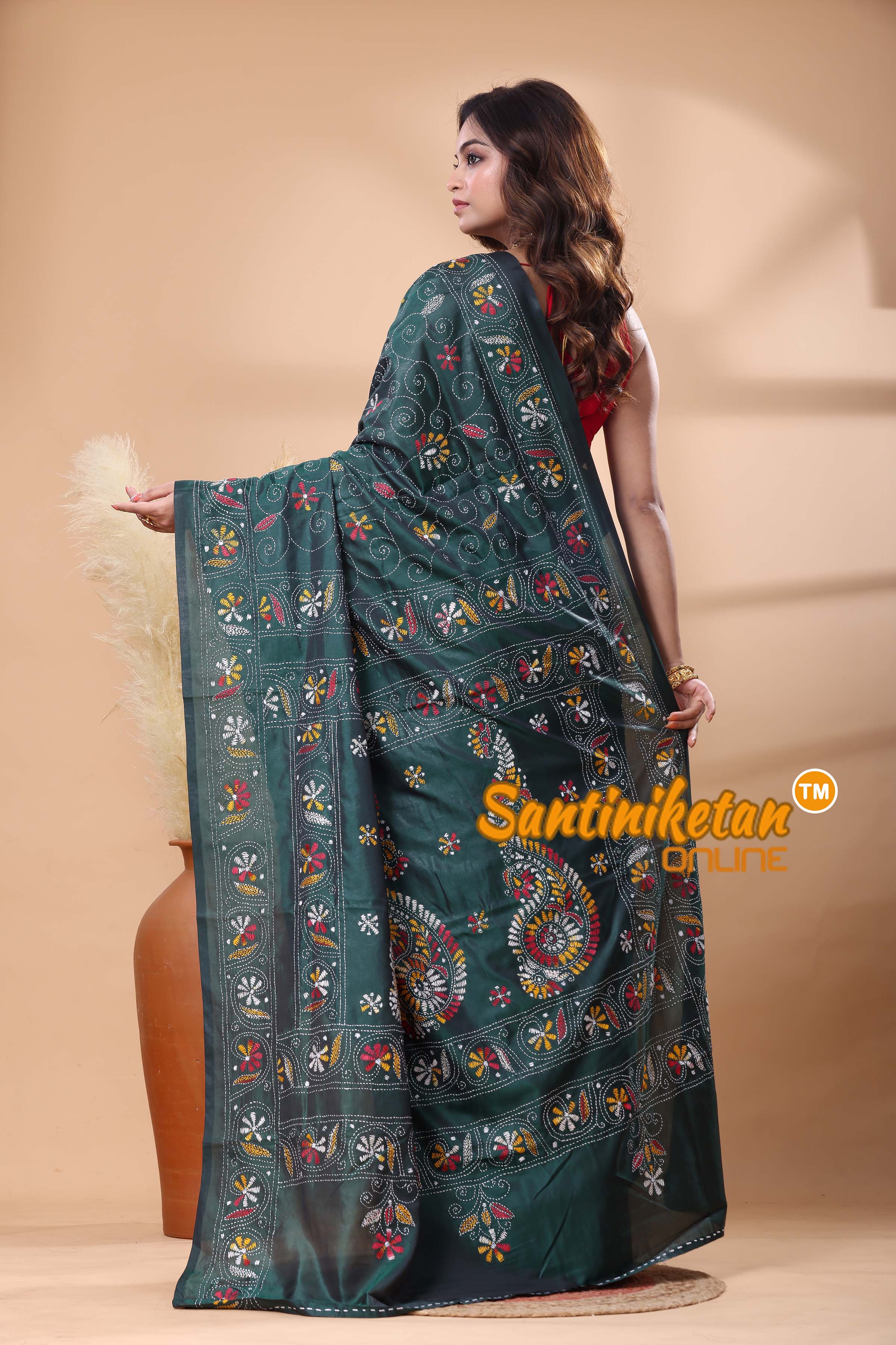 Bangalore Silk Kantha Stitch Saree