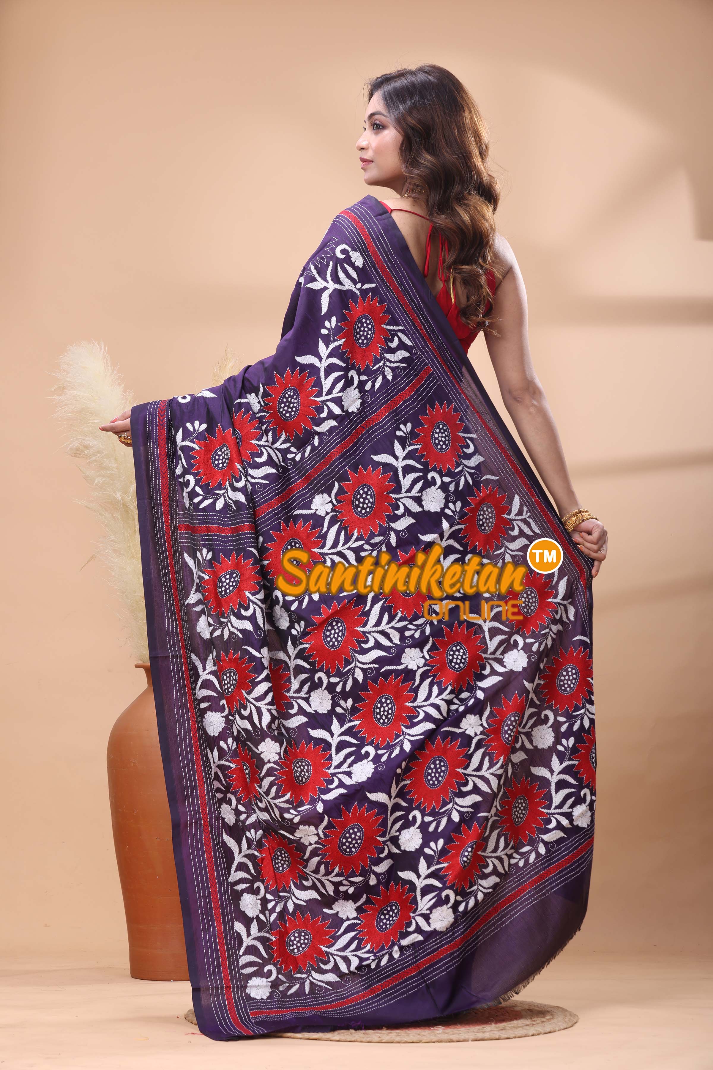 Bangalore Silk Kantha Stitch Saree
