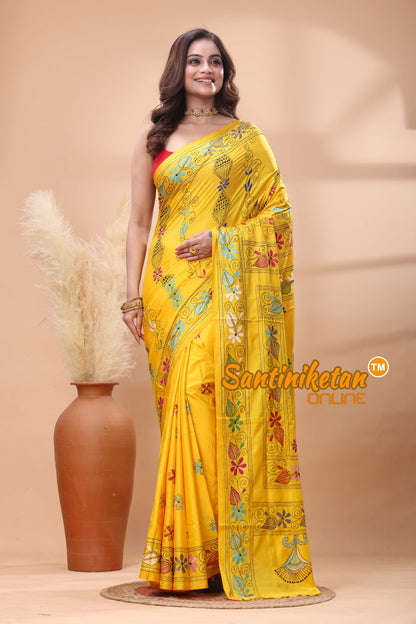 Bangalore Silk Kantha Stitch Saree