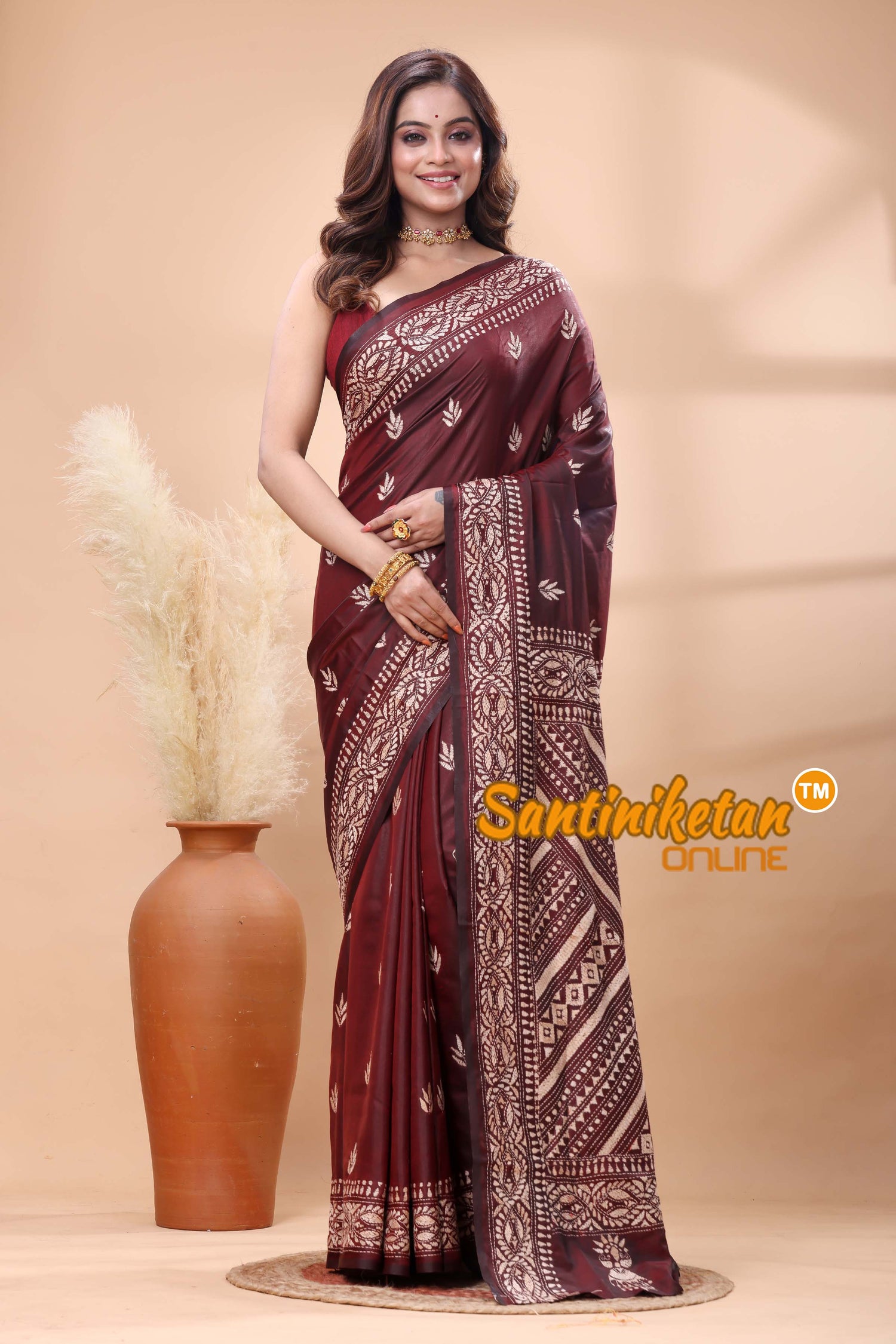 Bangalore Silk Kantha Stitch Saree