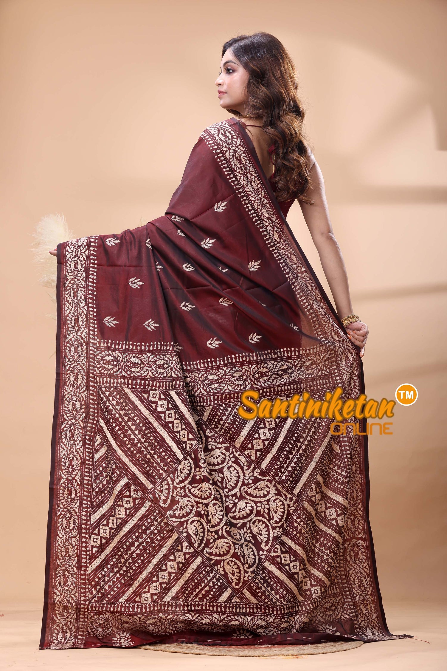 Bangalore Silk Kantha Stitch Saree