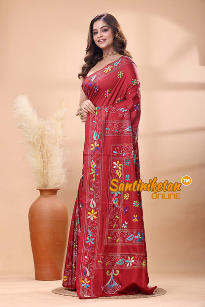 Bangalore Silk Kantha Stitch Saree