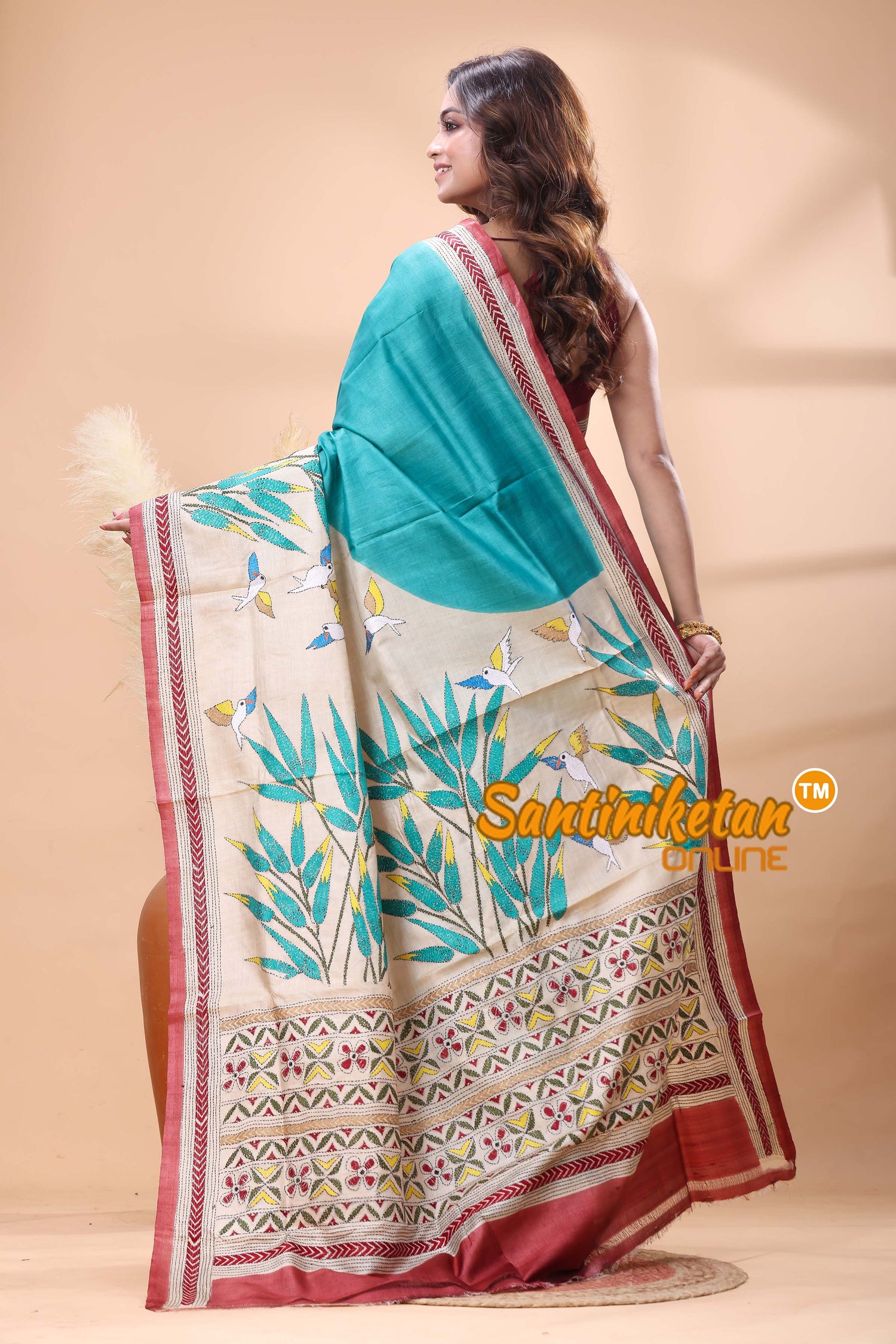 Pure Gachi Tussar Silk Kantha Stitch Saree
