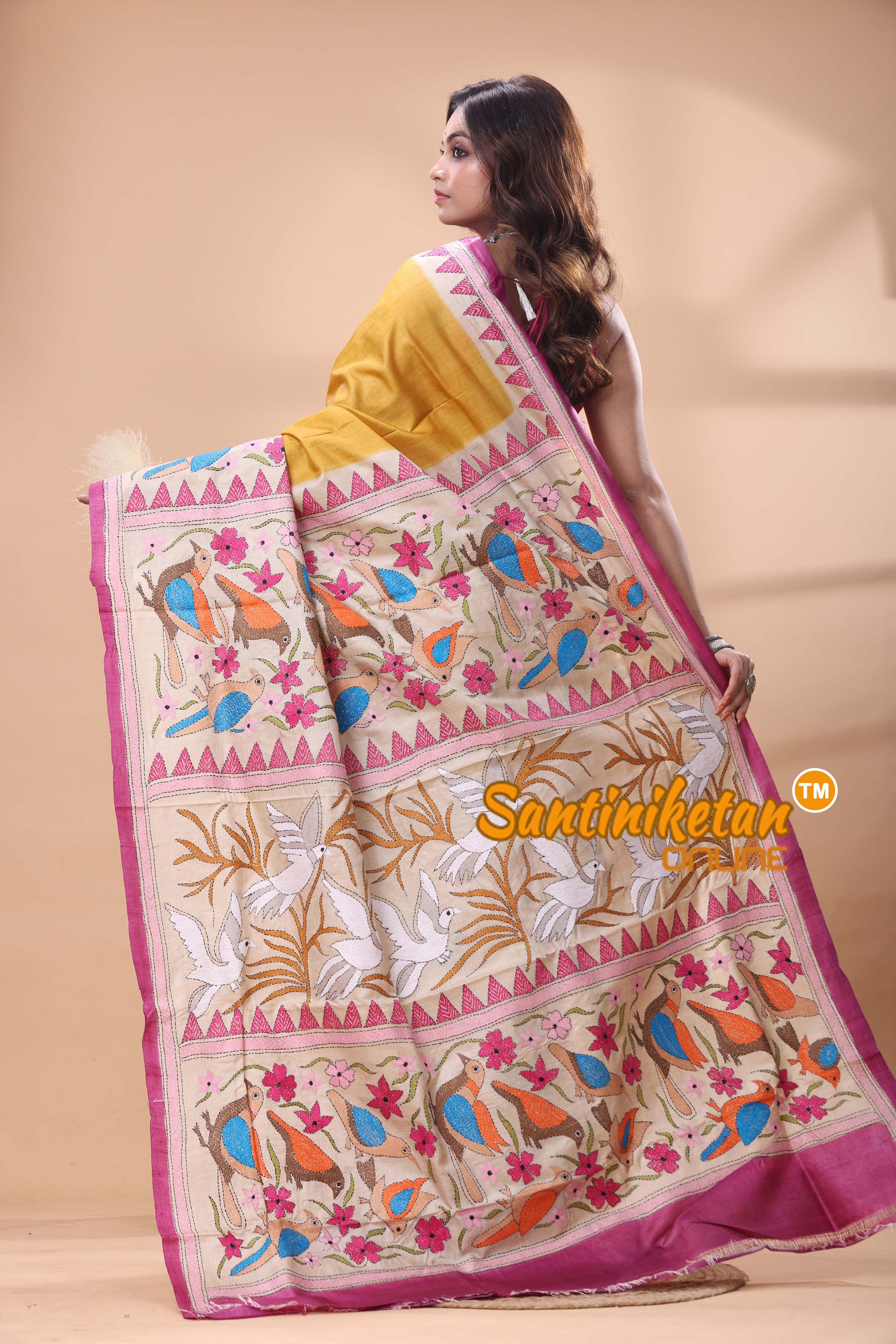 Pure Gachi Tussar Silk Kantha Stitch Saree