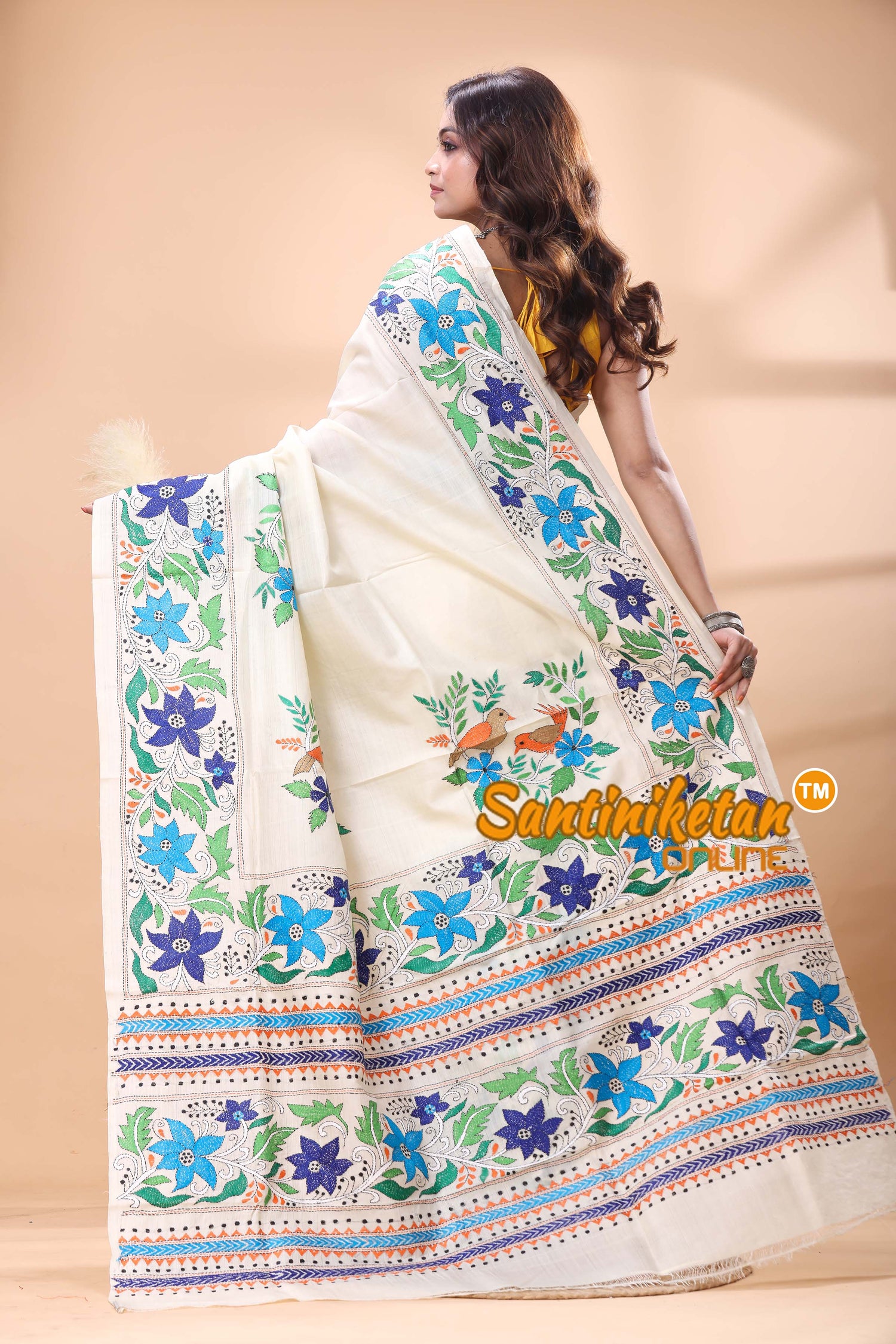 Tussar Silk Kantha Stitch Saree