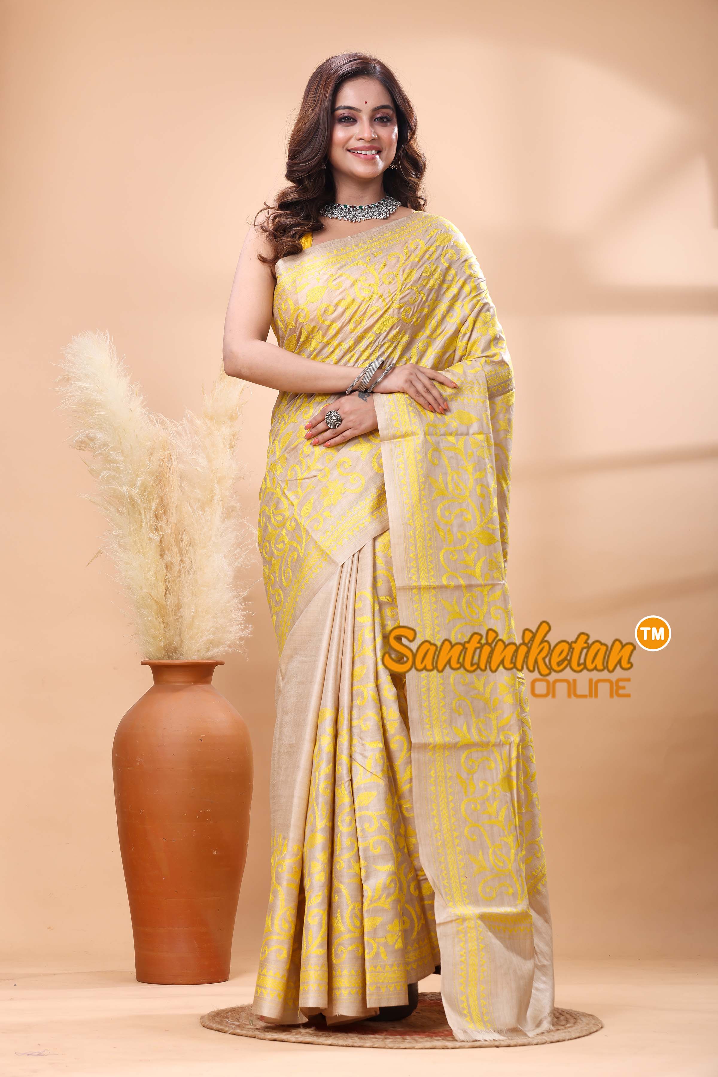 Pure Gachi Tussar Silk Kantha Stitch Saree