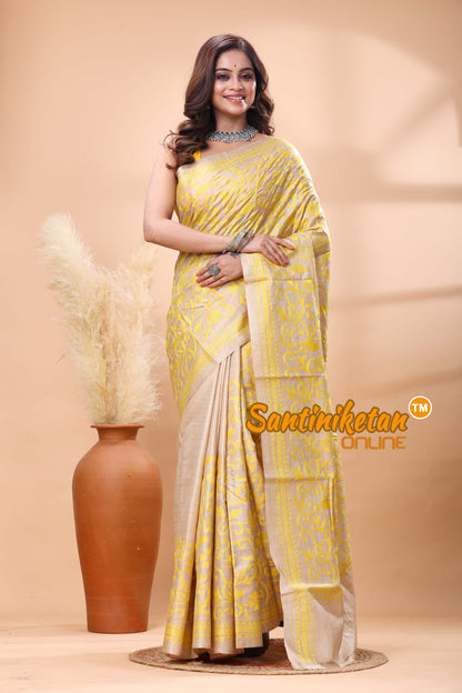 Pure Gachi Tussar Silk Kantha Stitch Saree