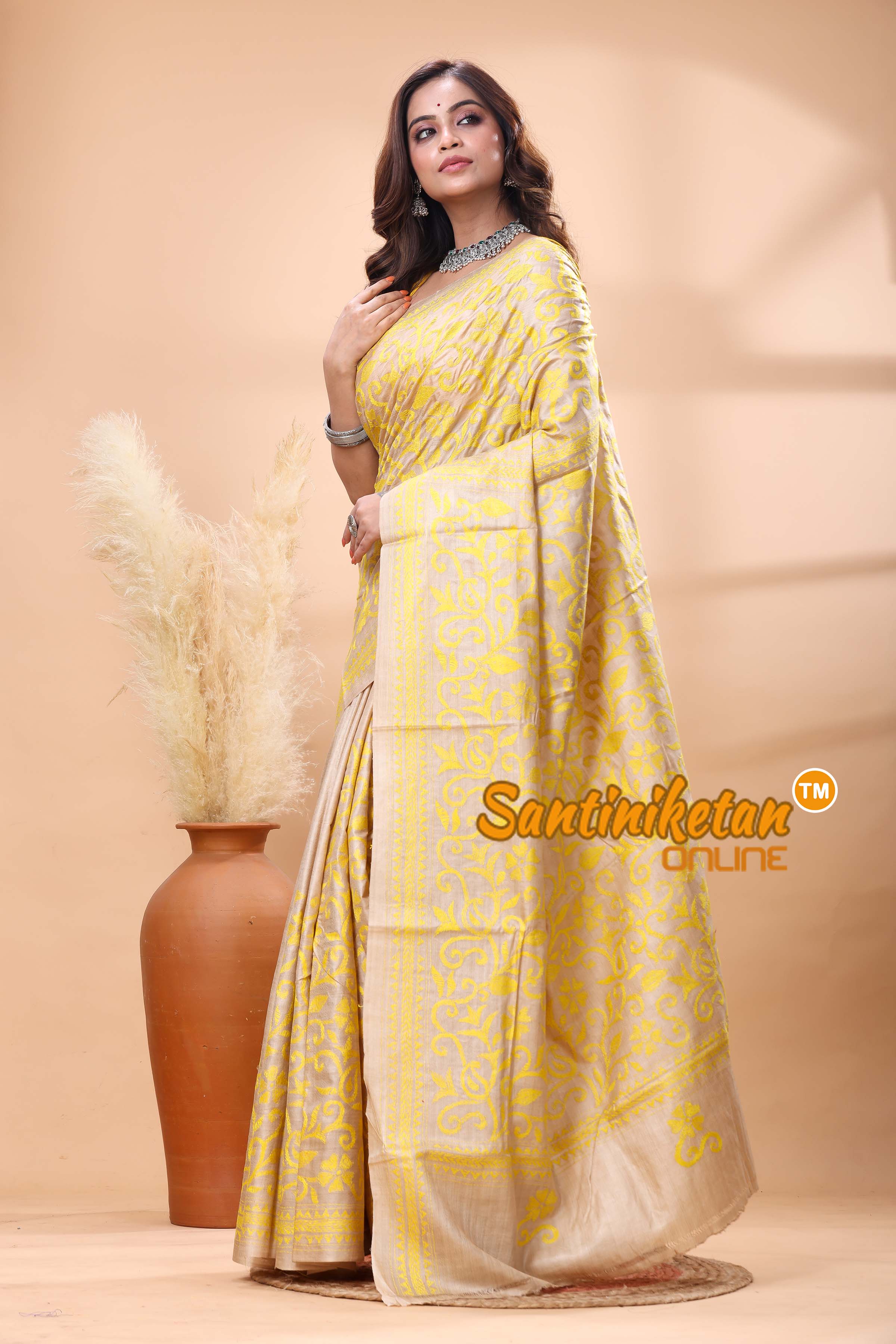 Pure Gachi Tussar Silk Kantha Stitch Saree