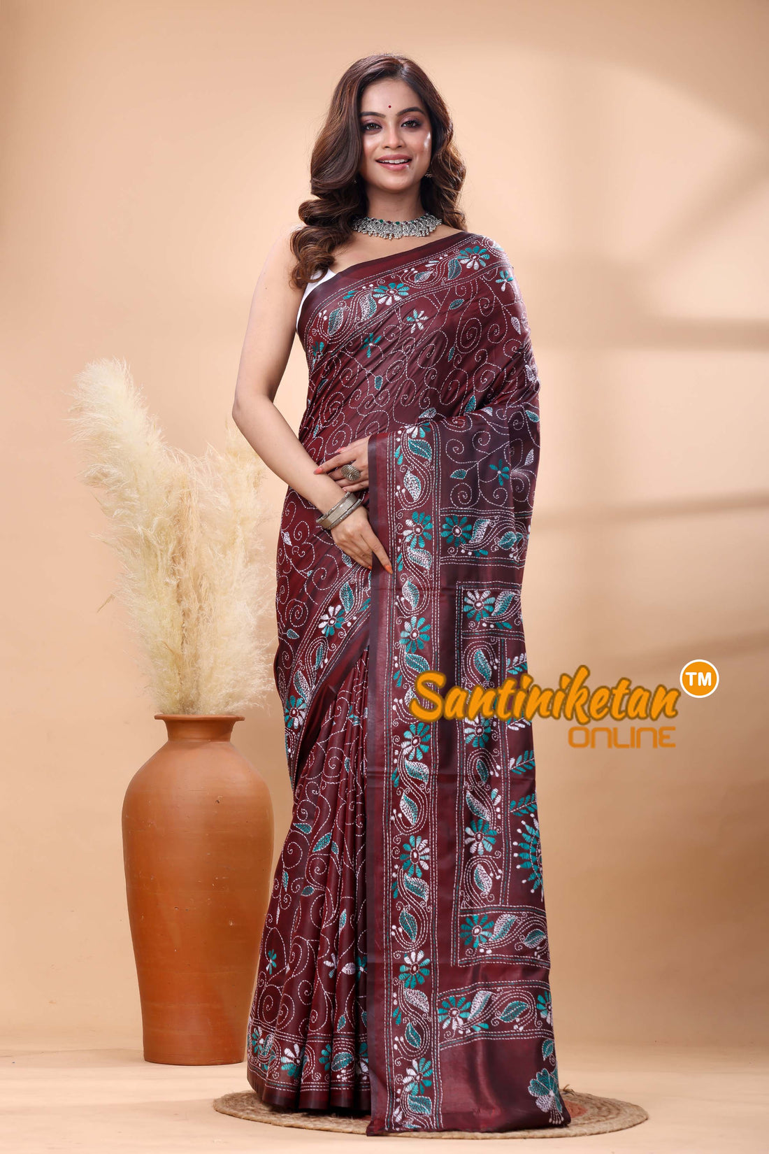 Bangalore Silk Kantha Stitch Saree