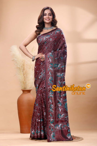 Bangalore Silk Kantha Stitch Saree