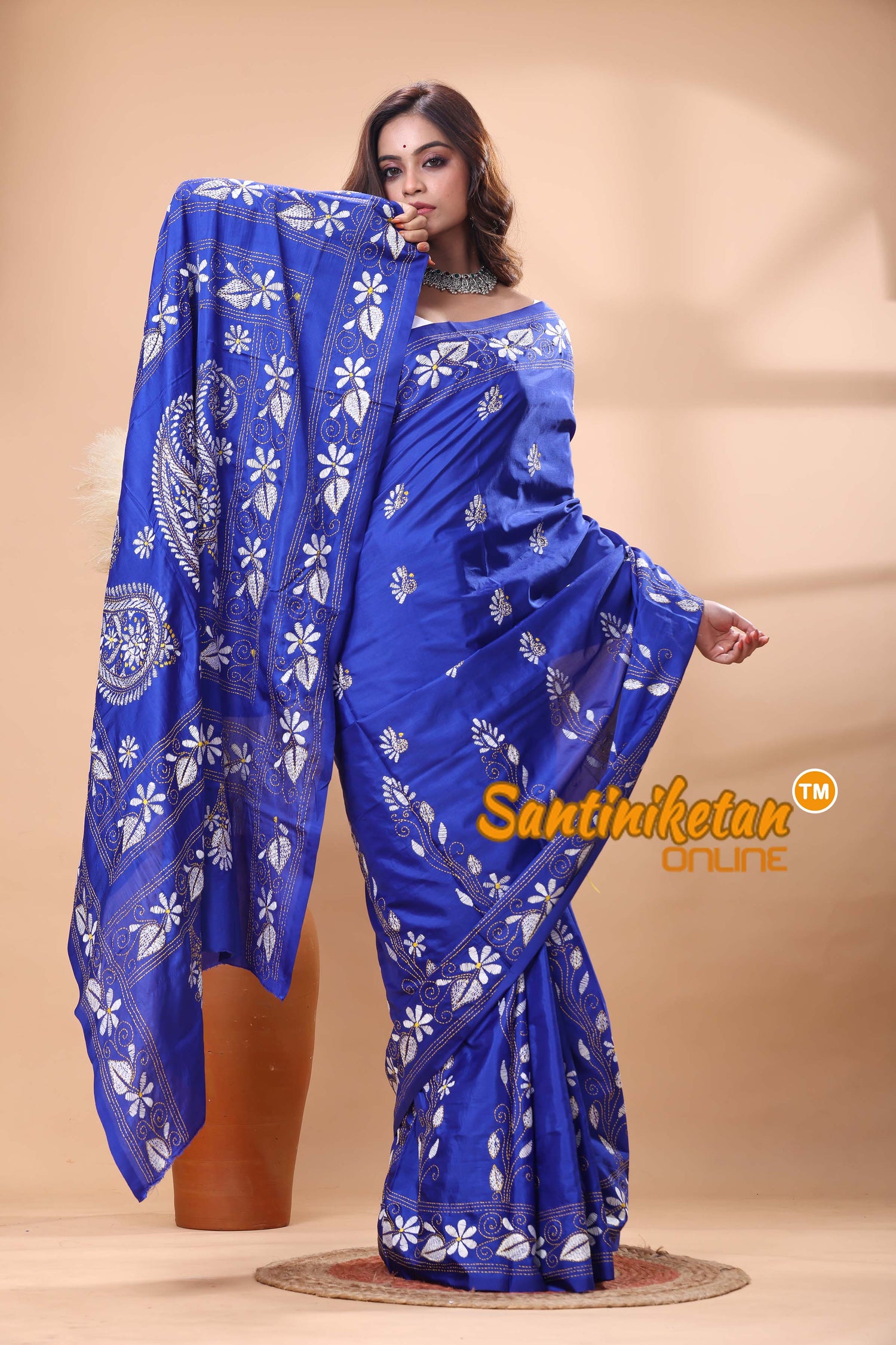 Bangalore Silk Kantha Stitch Saree