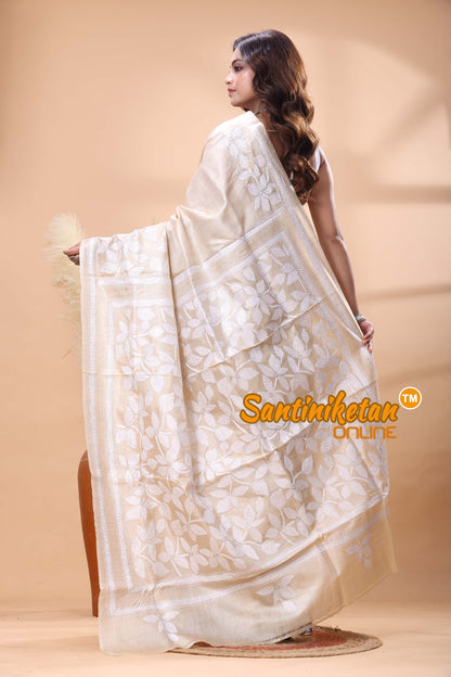 Pure Gachi Tussar Silk Kantha Stitch Saree