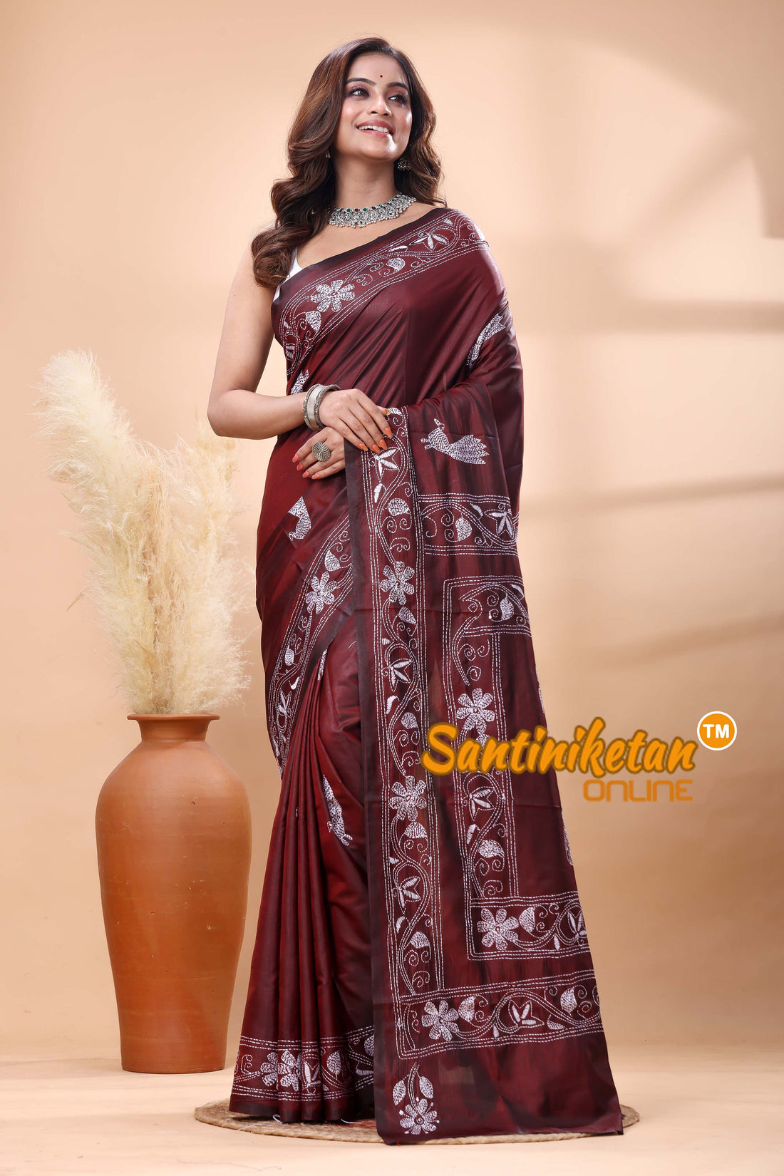 Bangalore Silk Kantha Stitch Saree