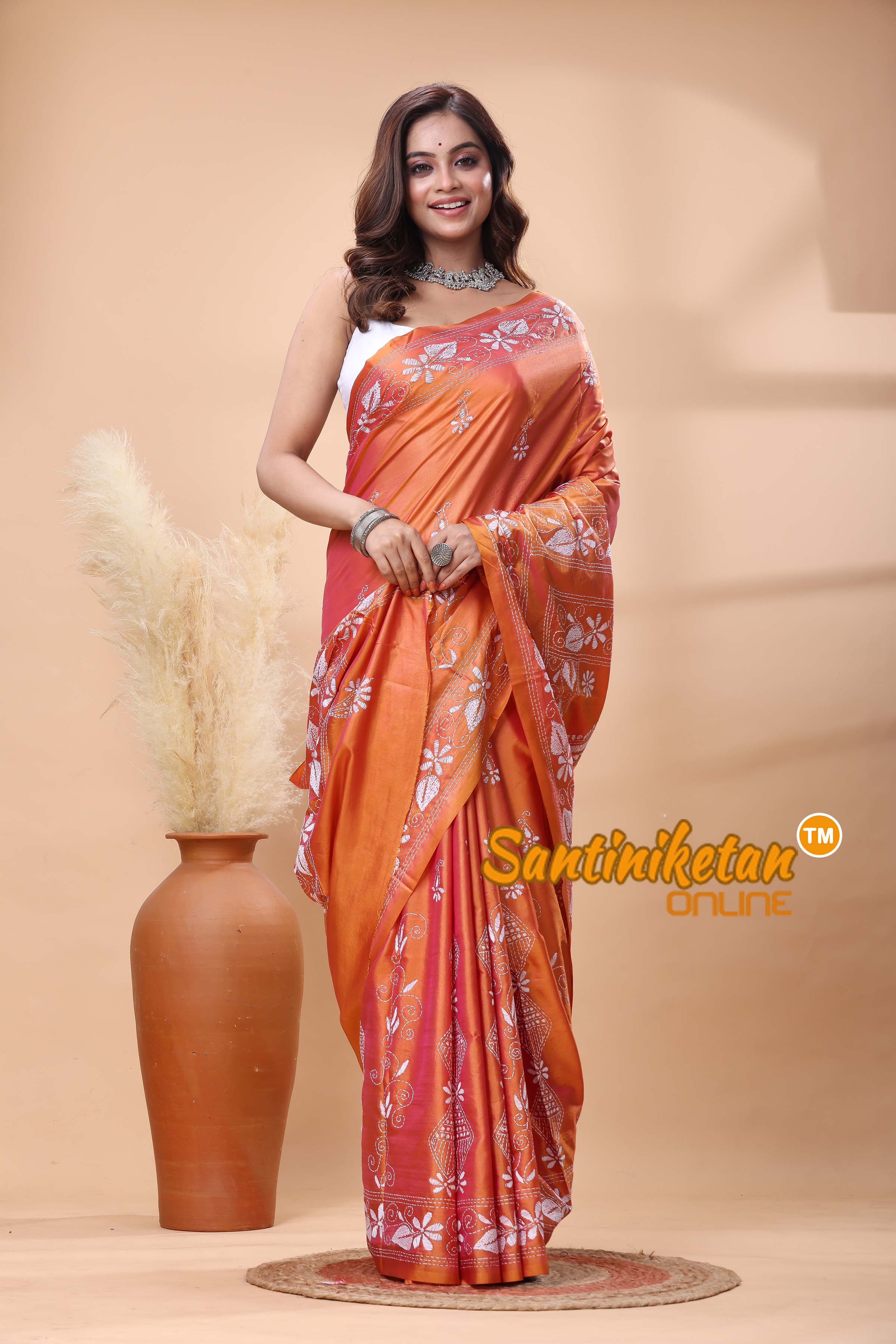 Bangalore Silk Kantha Stitch Saree