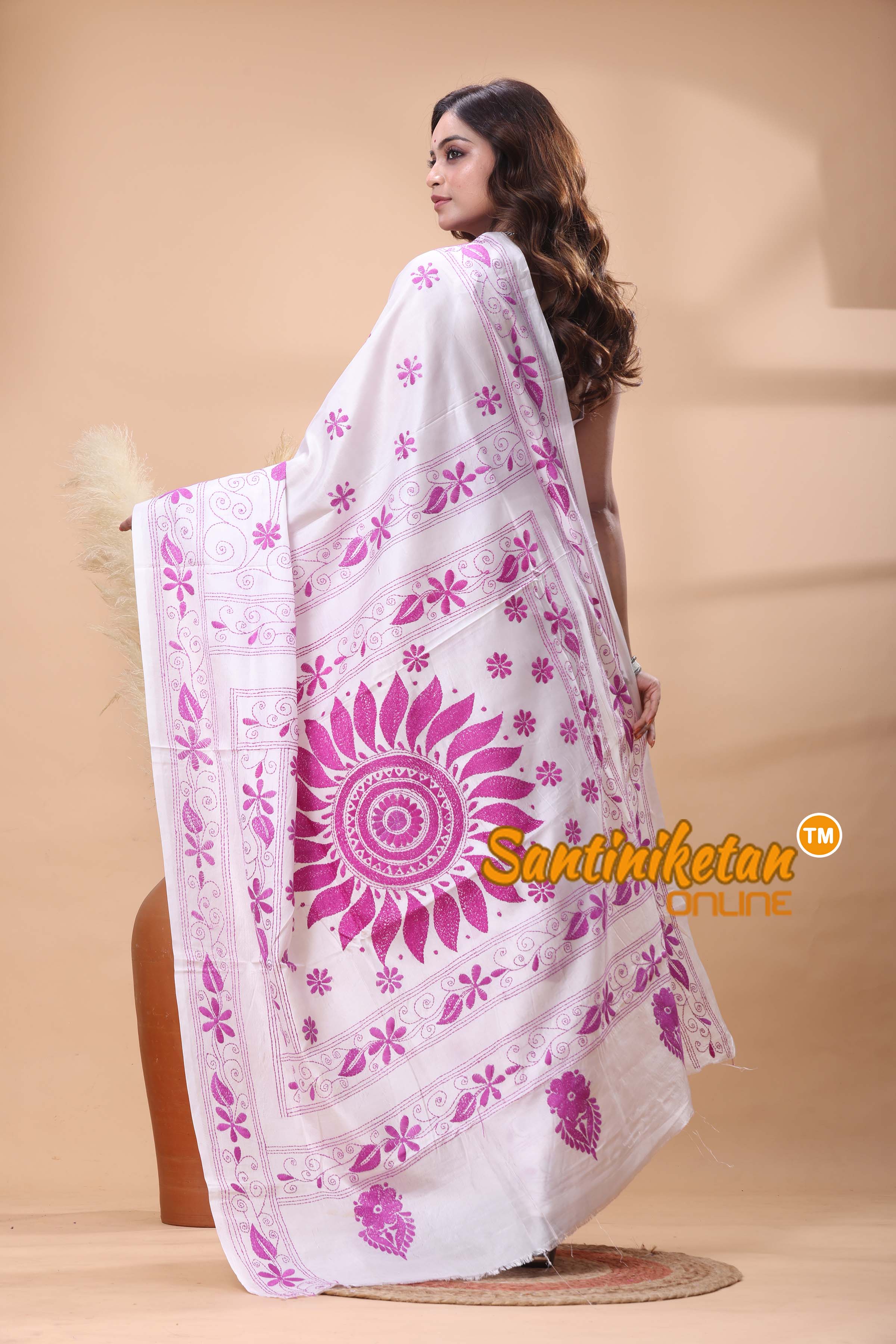 Bangalore Silk Kantha Stitch Saree