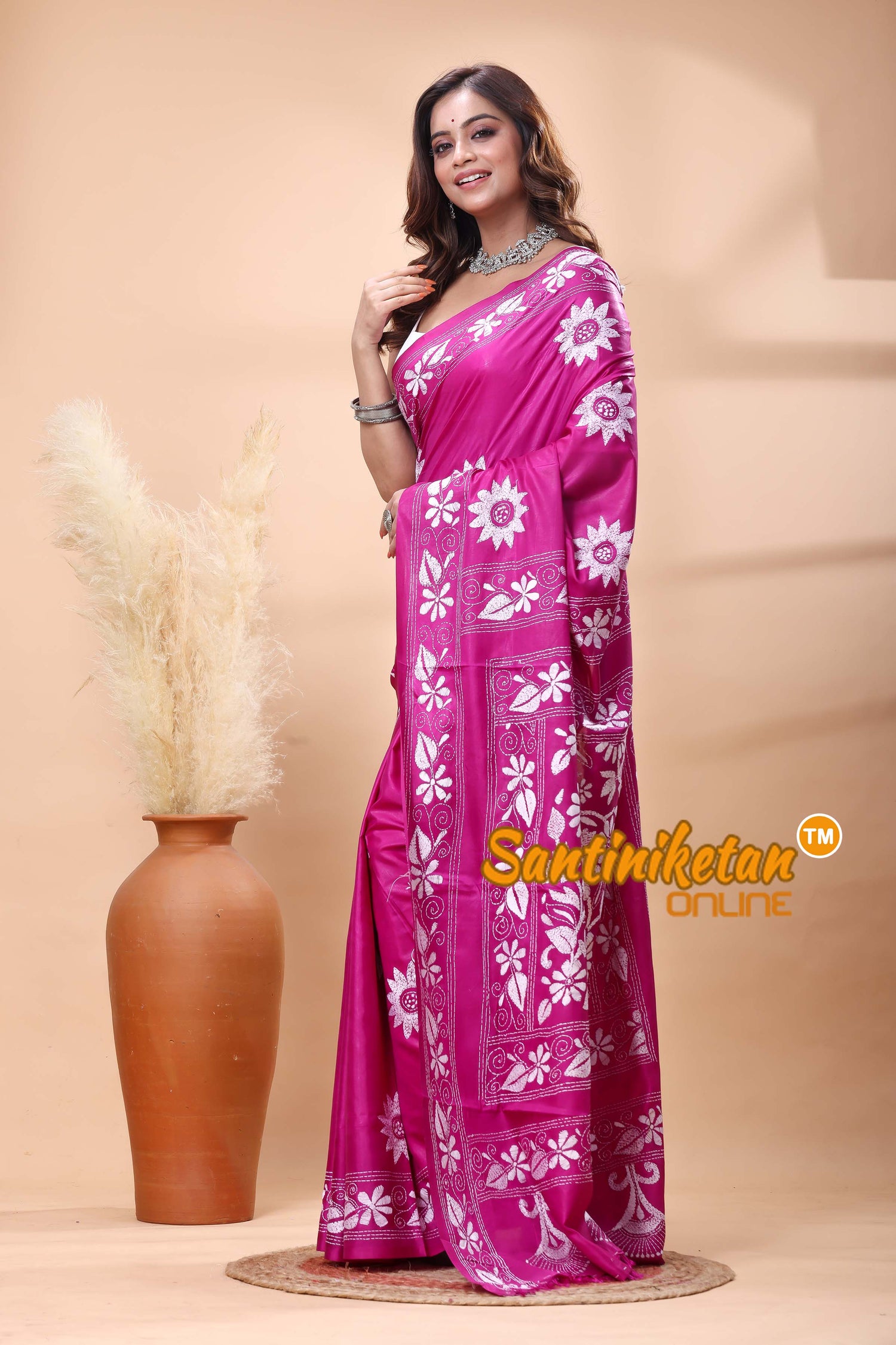 Bangalore Silk Kantha Stitch Saree