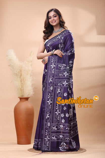 Bangalore Silk Kantha Stitch Saree