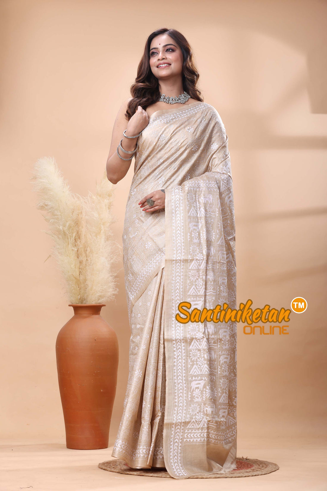 Pure Gachi Tussar Silk Kantha Stitch Saree