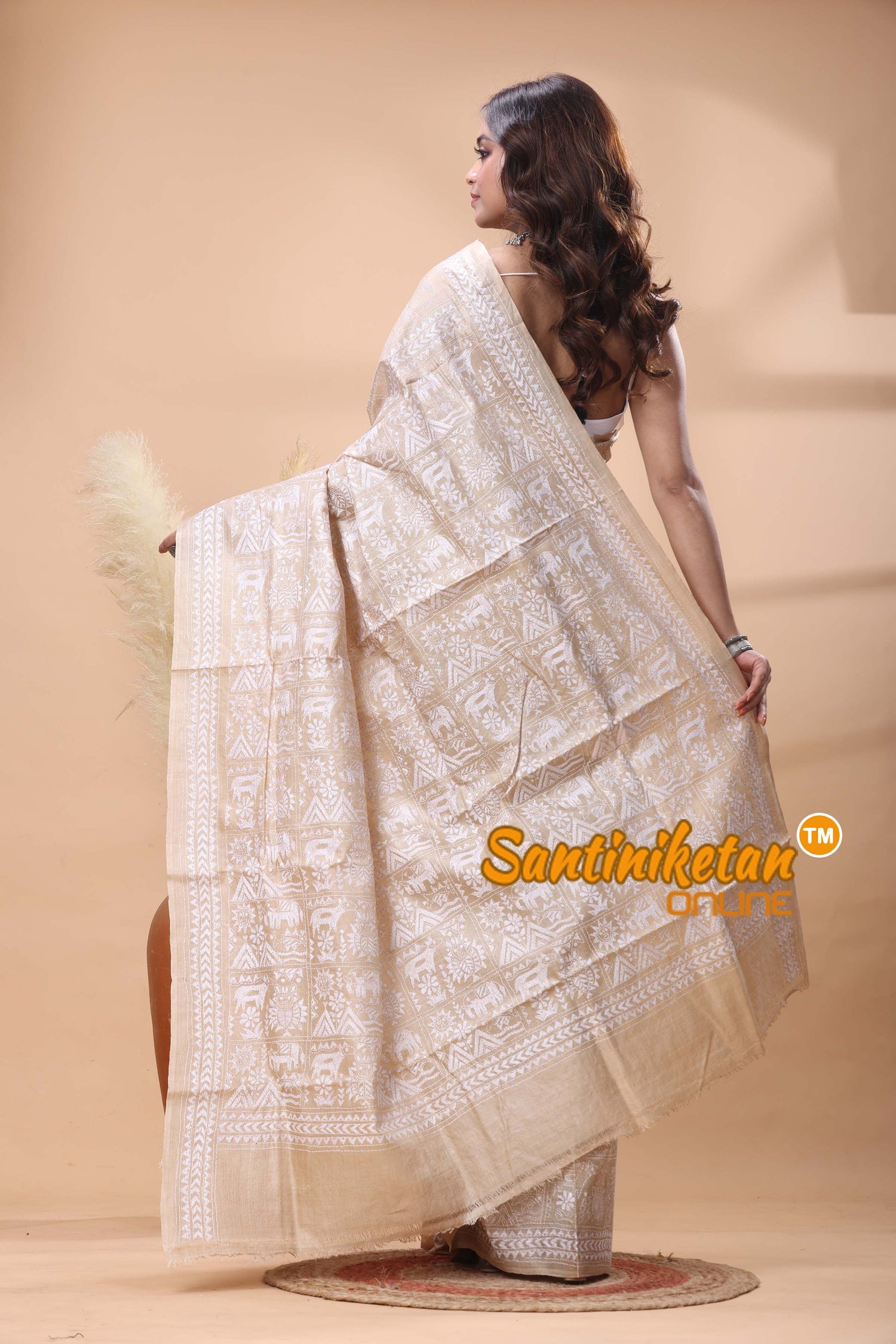 Pure Gachi Tussar Silk Kantha Stitch Saree
