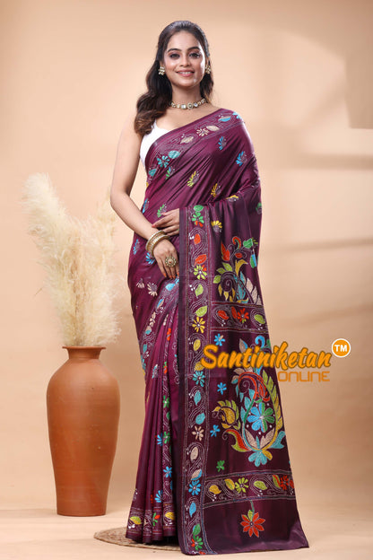 Bangalore Silk Kantha Stitch Saree