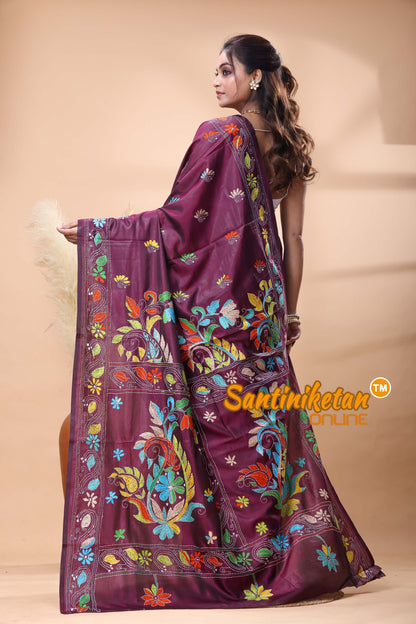 Bangalore Silk Kantha Stitch Saree