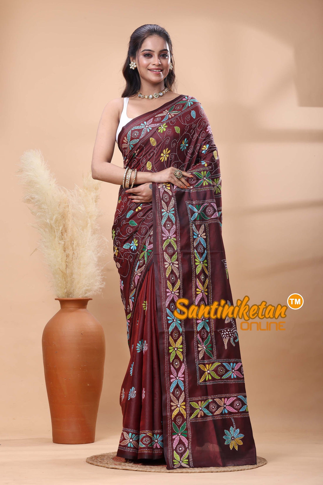 Bangalore Silk Kantha Stitch Saree