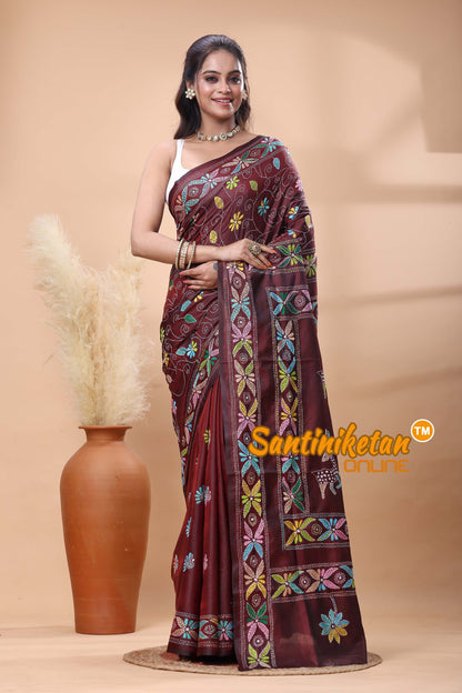 Bangalore Silk Kantha Stitch Saree