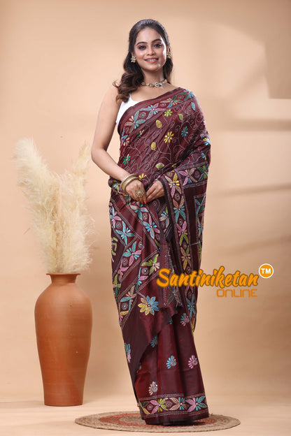 Bangalore Silk Kantha Stitch Saree