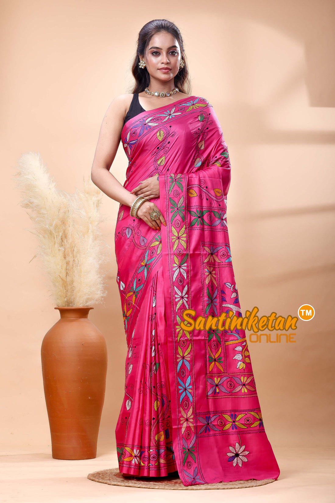 Bangalore Silk Kantha Stitch Saree