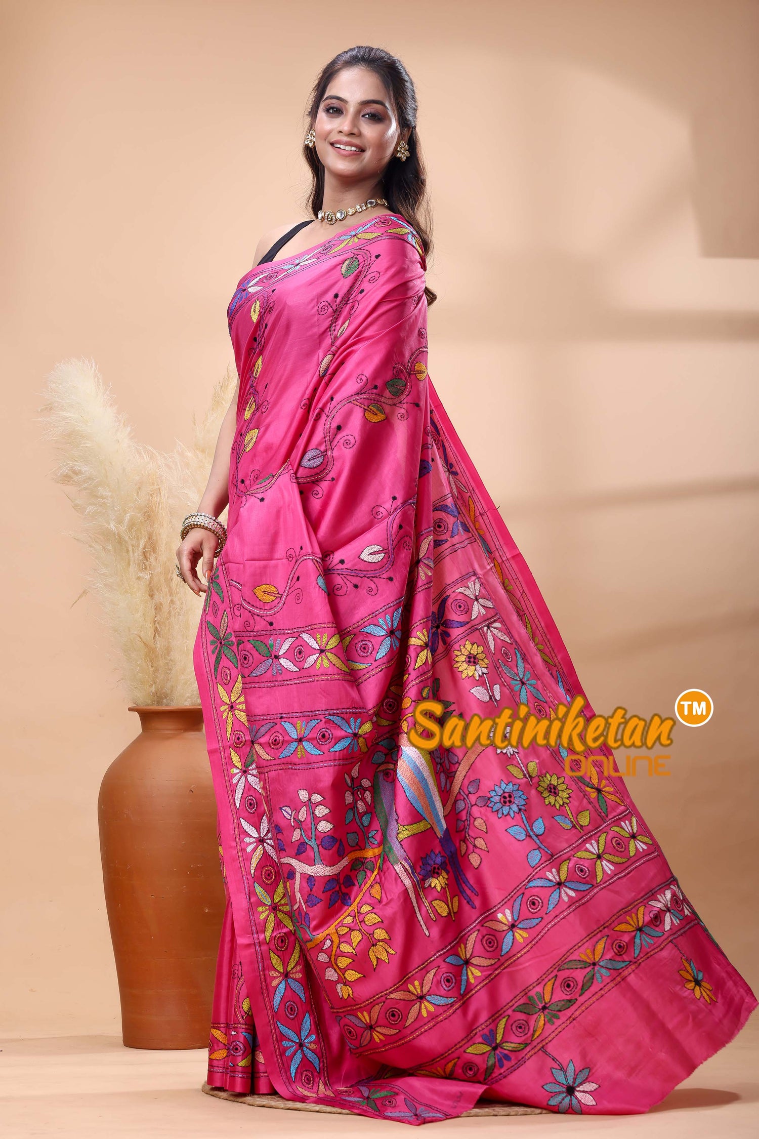 Bangalore Silk Kantha Stitch Saree