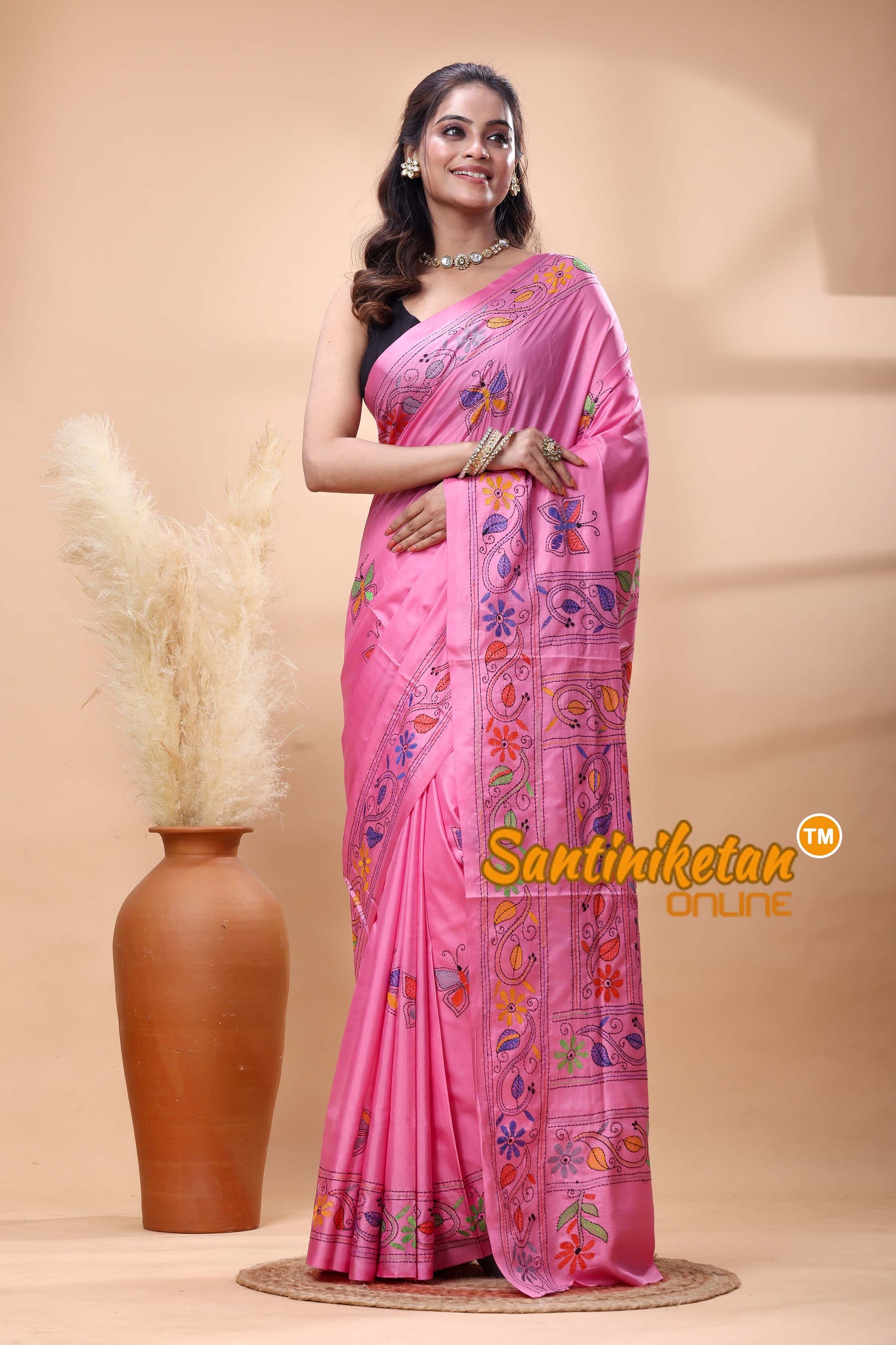 Bangalore Silk Kantha Stitch Saree