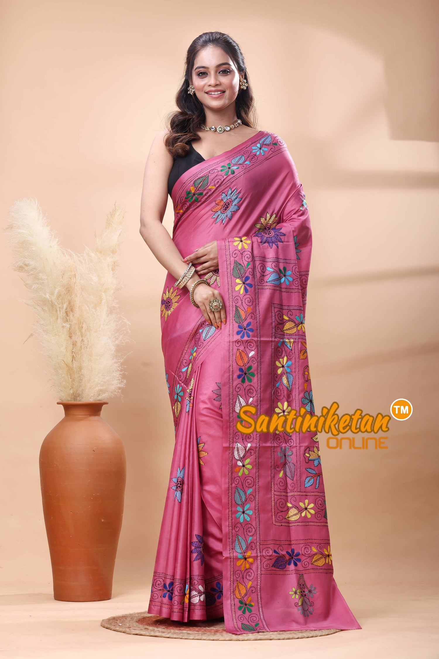 Bangalore Silk Kantha Stitch Saree