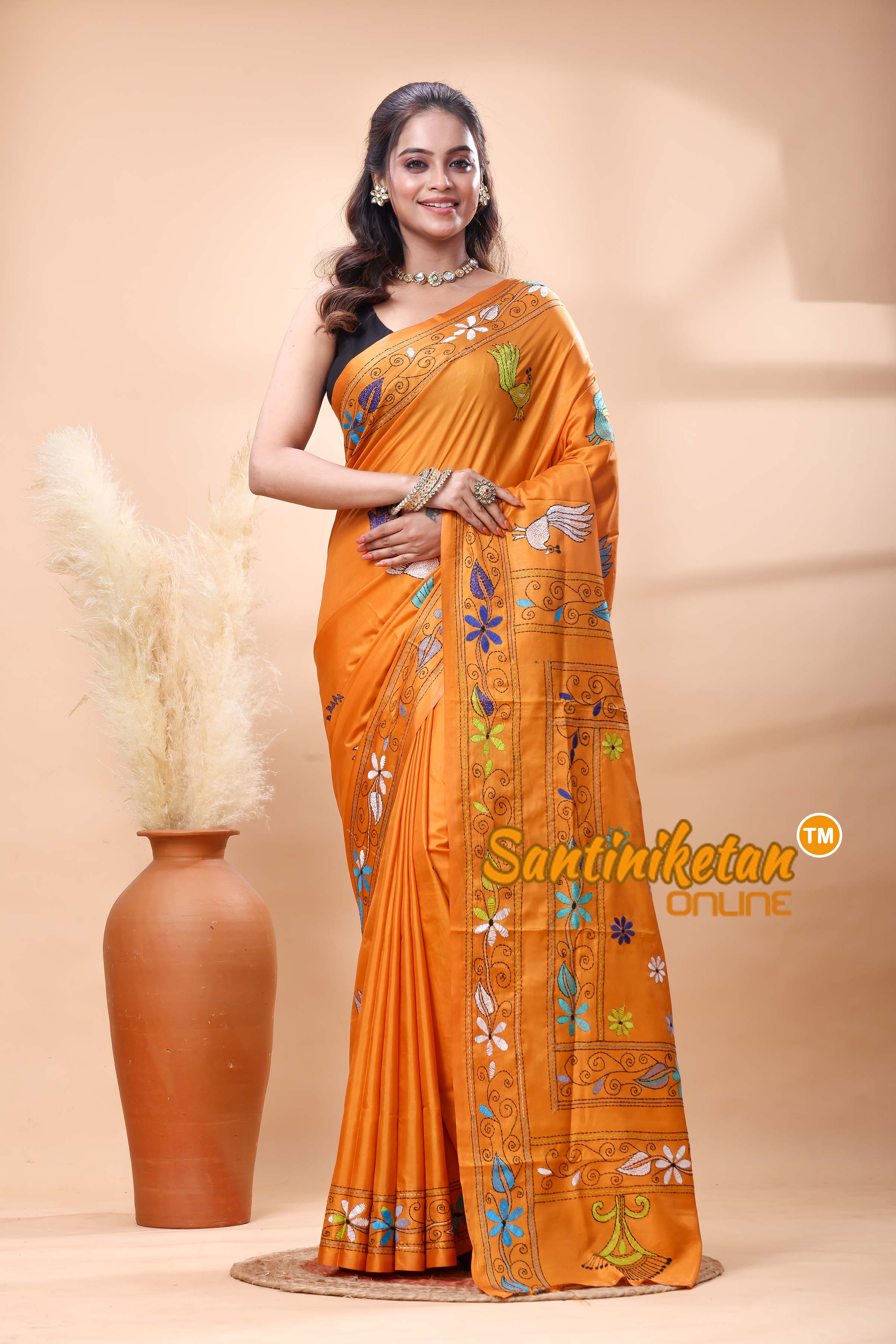 Bangalore Silk Kantha Stitch Saree
