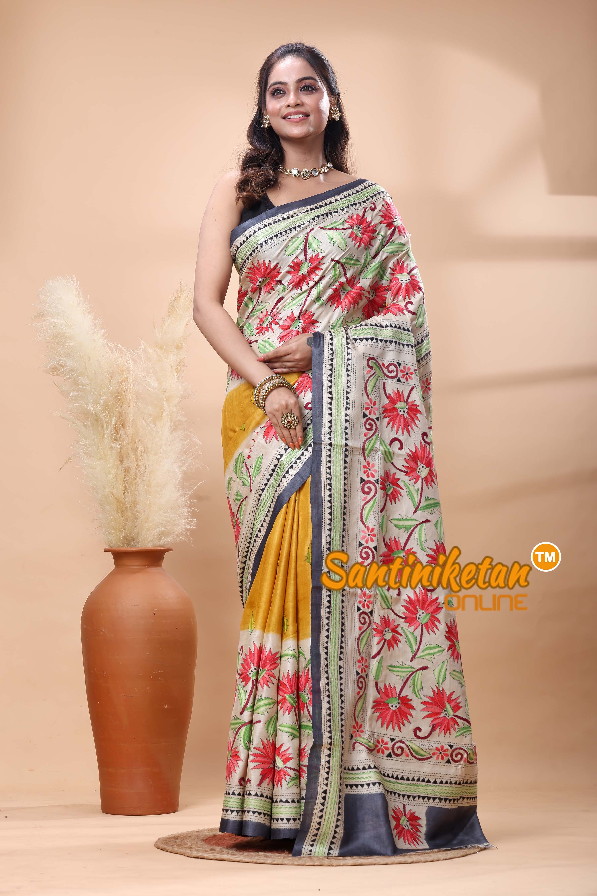 Pure Gachi Tussar Silk Kantha Stitch Saree