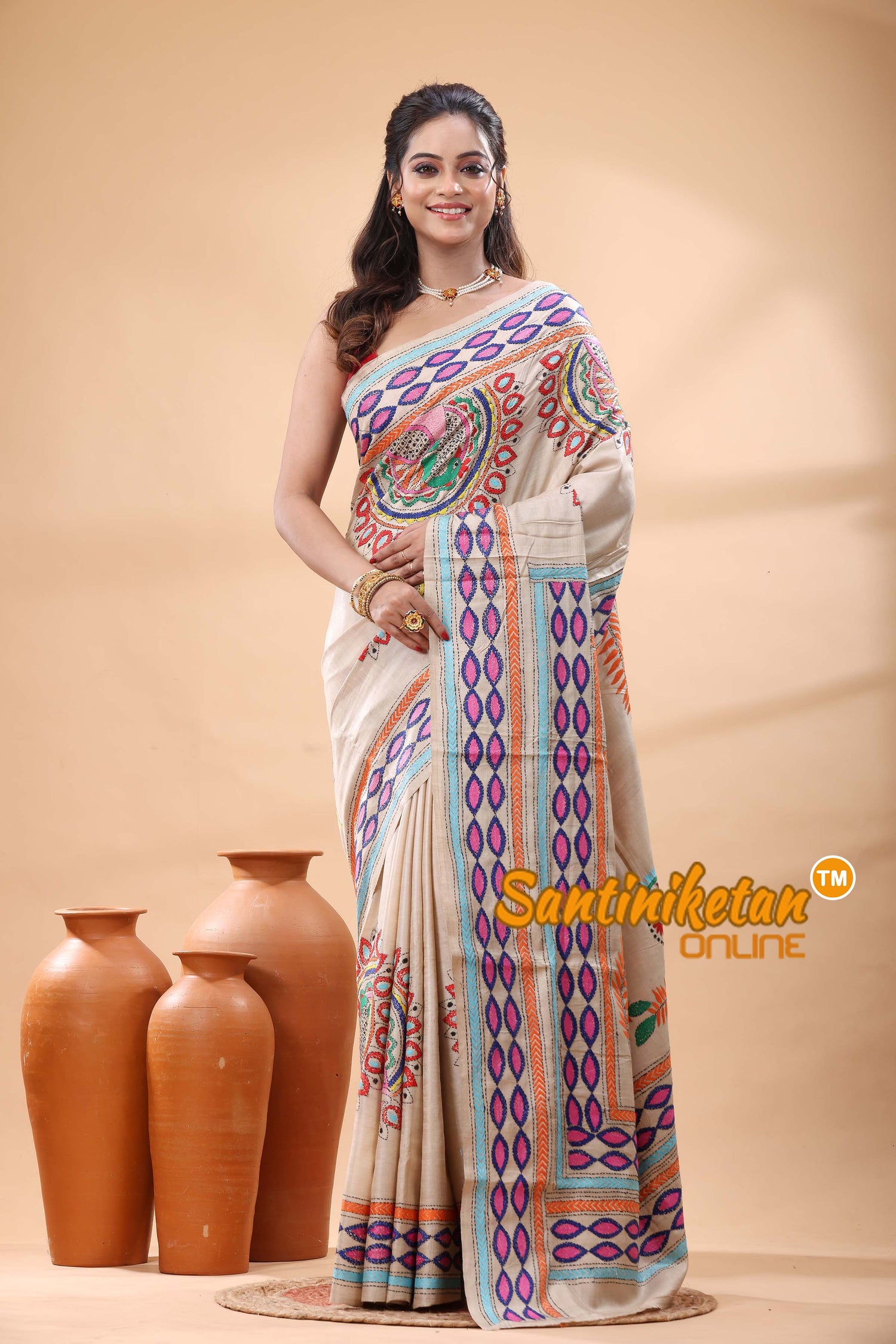 Pure Gachi Tussar Silk Kantha Stitch Saree