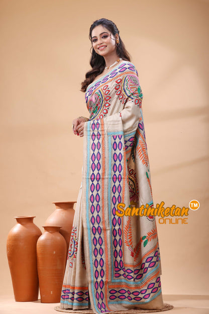 Pure Gachi Tussar Silk Kantha Stitch Saree