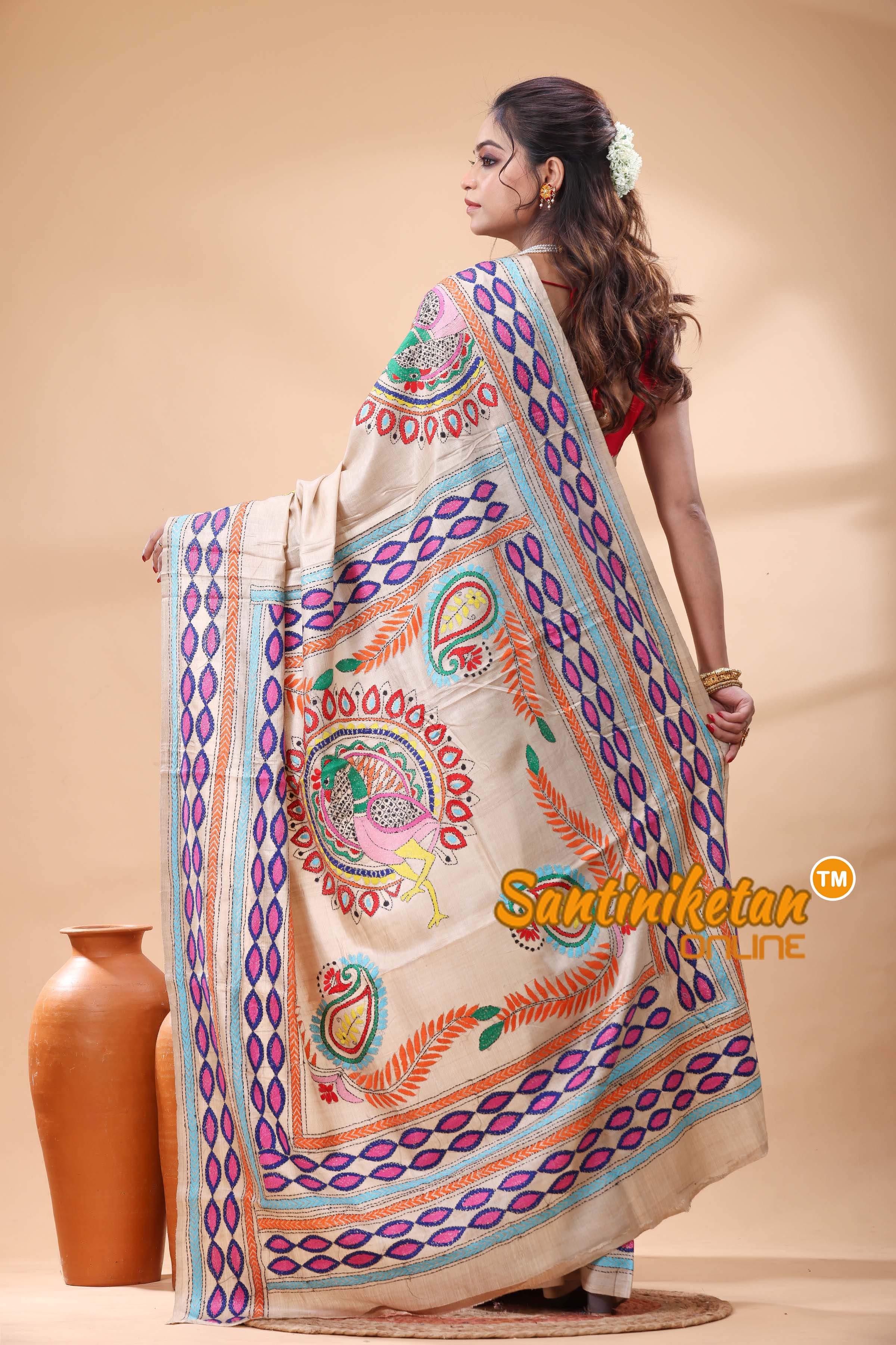 Pure Gachi Tussar Silk Kantha Stitch Saree