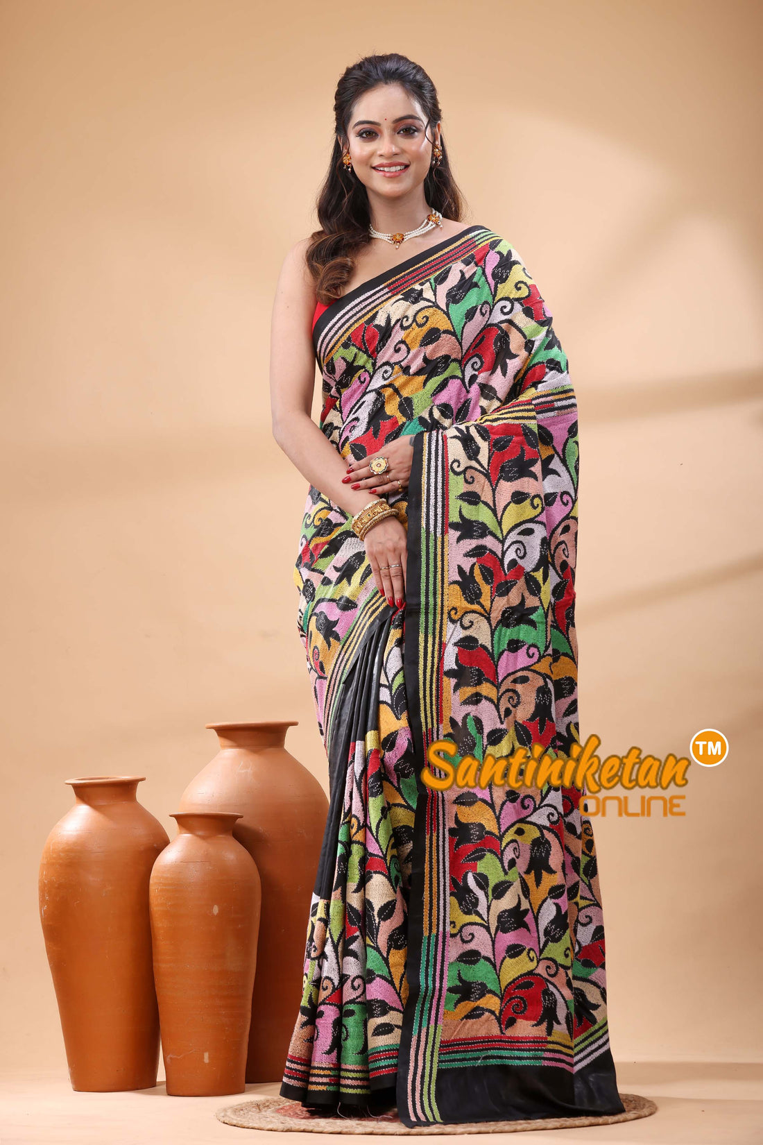 Pure Bangalore Silk Kantha Stitch Saree