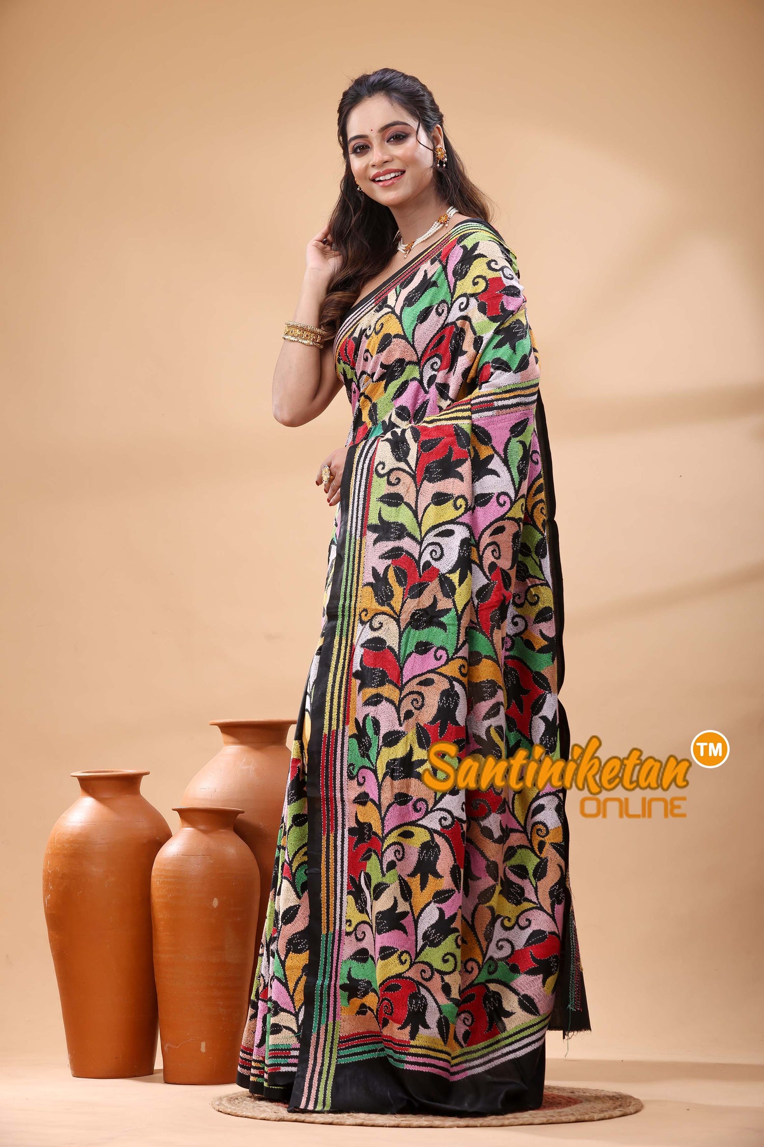 Pure Bangalore Silk Kantha Stitch Saree