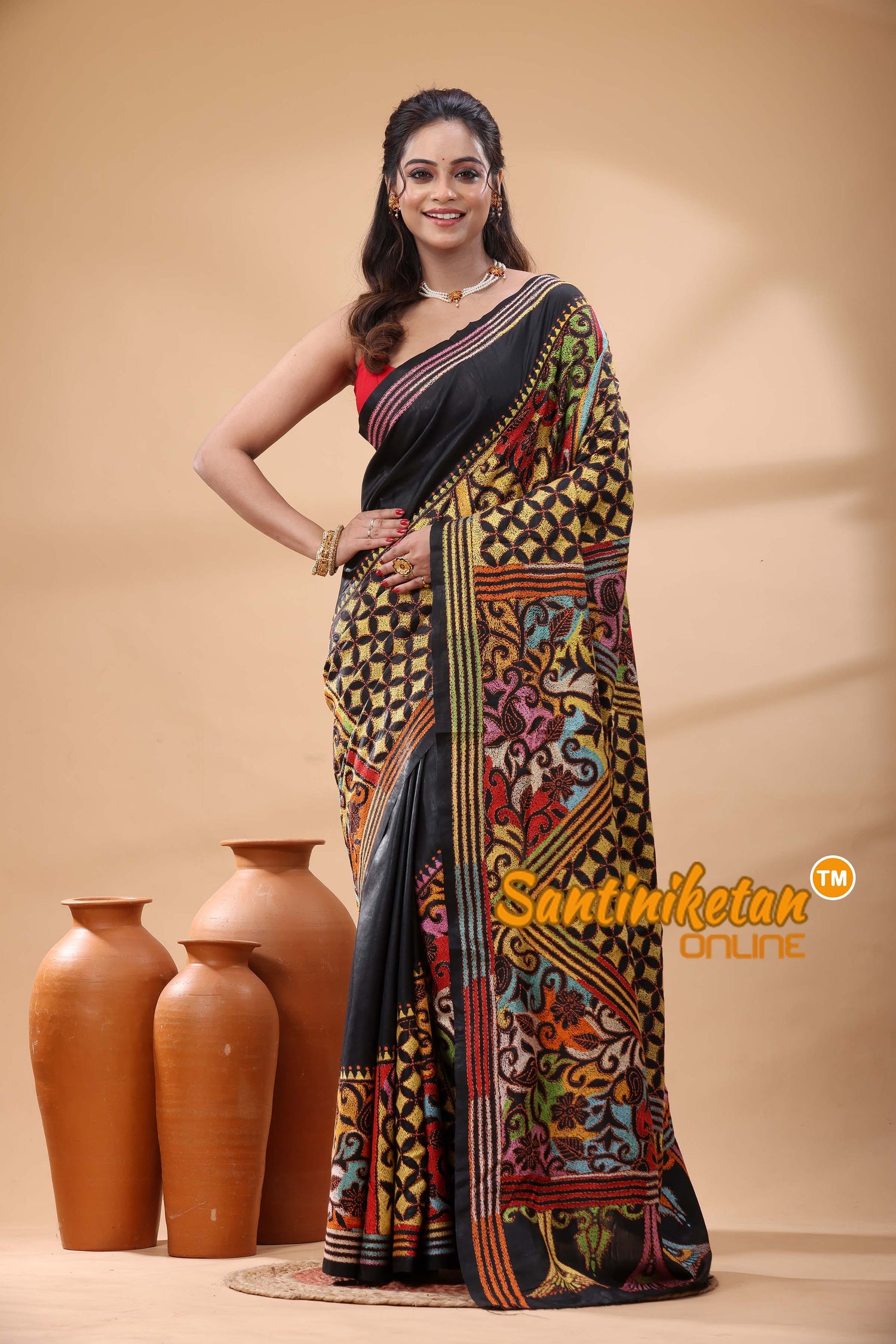 Pure Bangalore Silk Kantha Stitch Saree