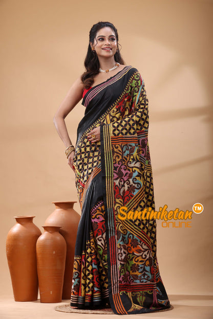 Pure Bangalore Silk Kantha Stitch Saree
