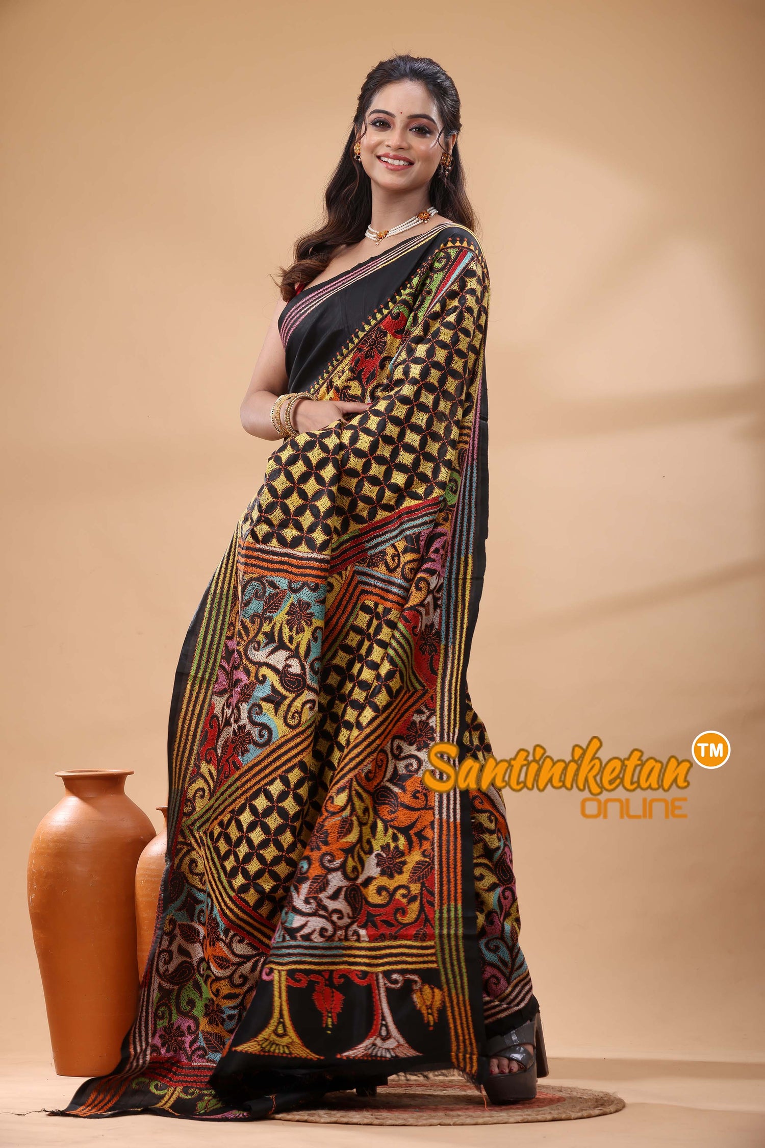 Pure Bangalore Silk Kantha Stitch Saree