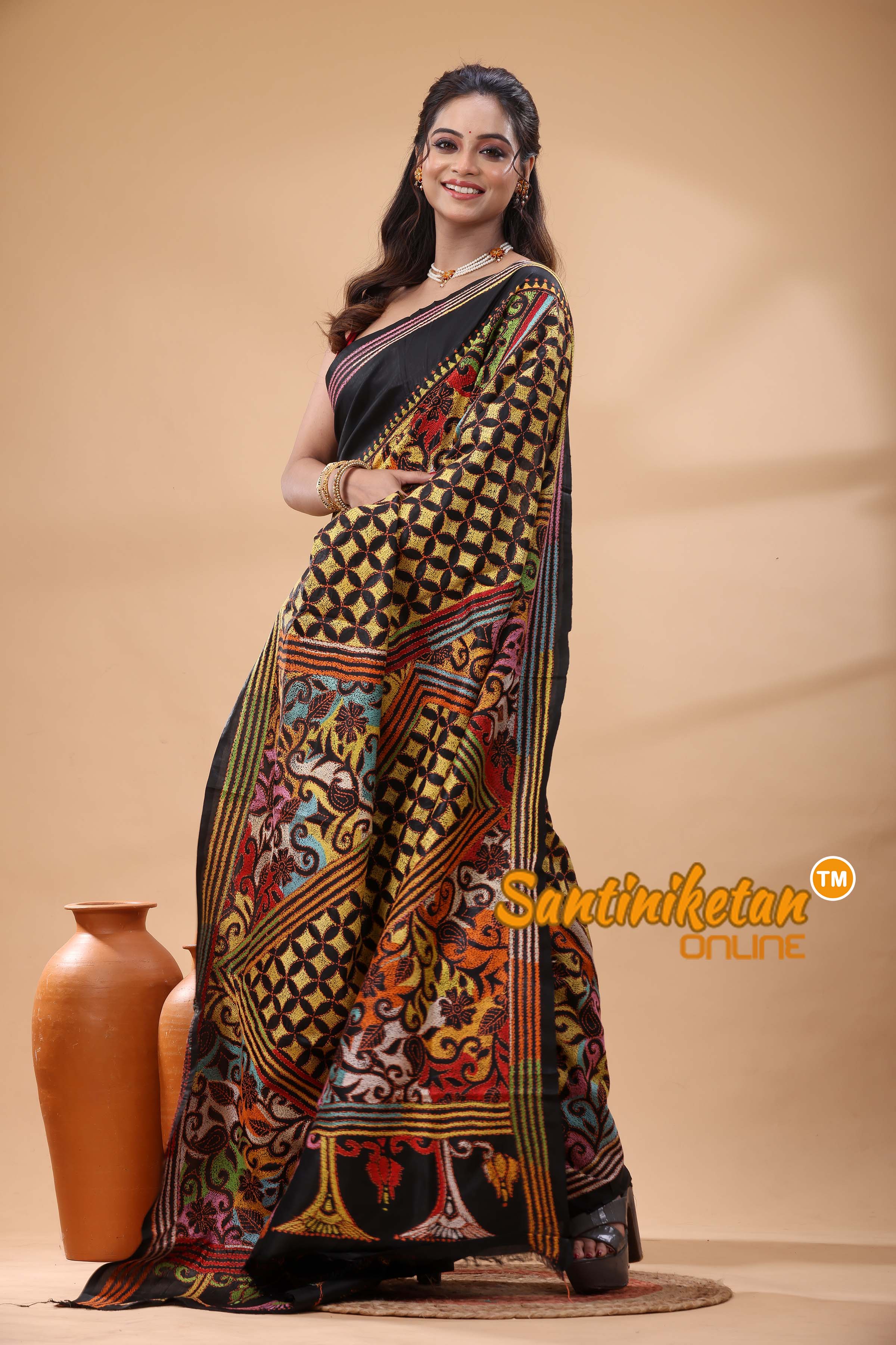 Pure Bangalore Silk Kantha Stitch Saree