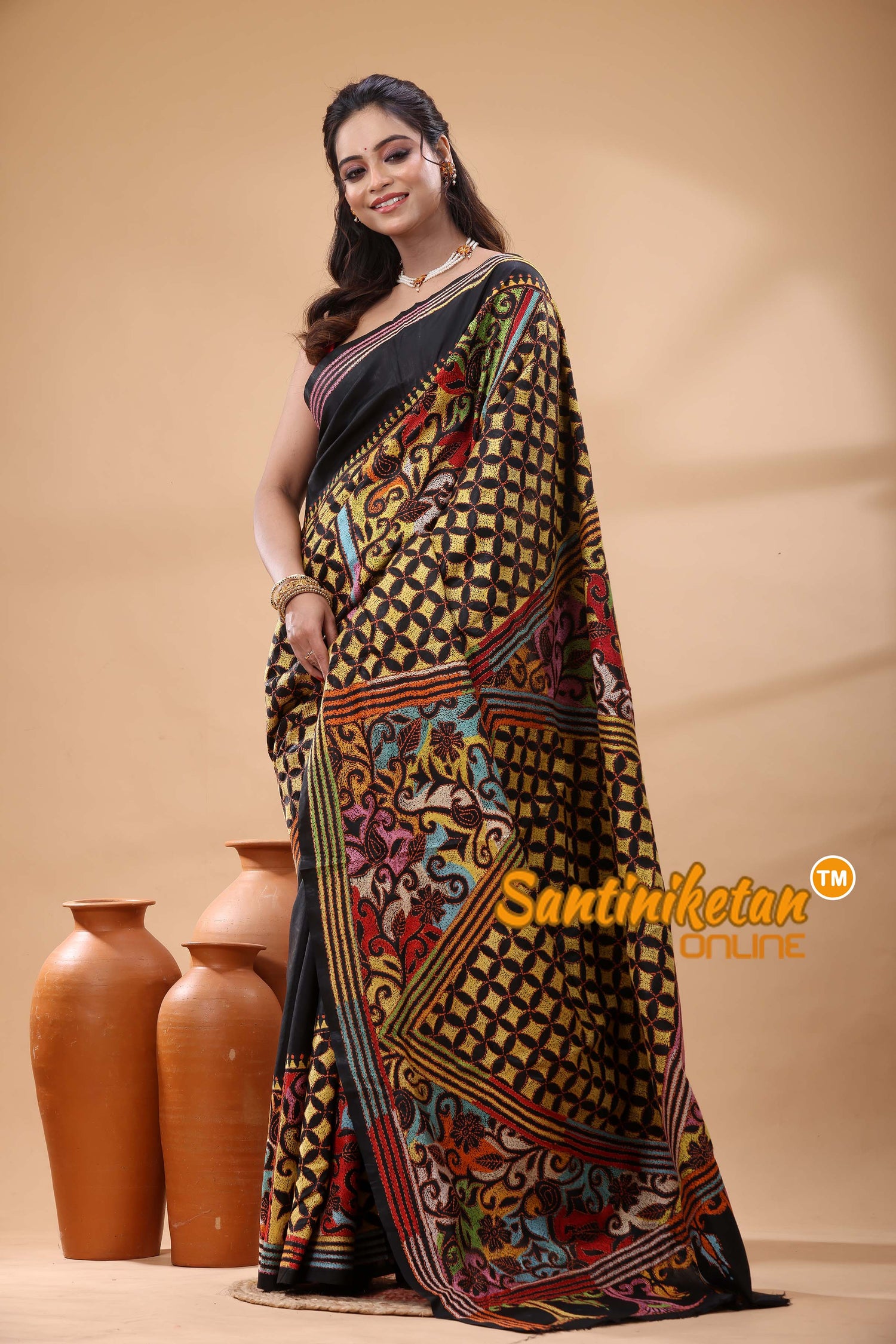 Pure Bangalore Silk Kantha Stitch Saree