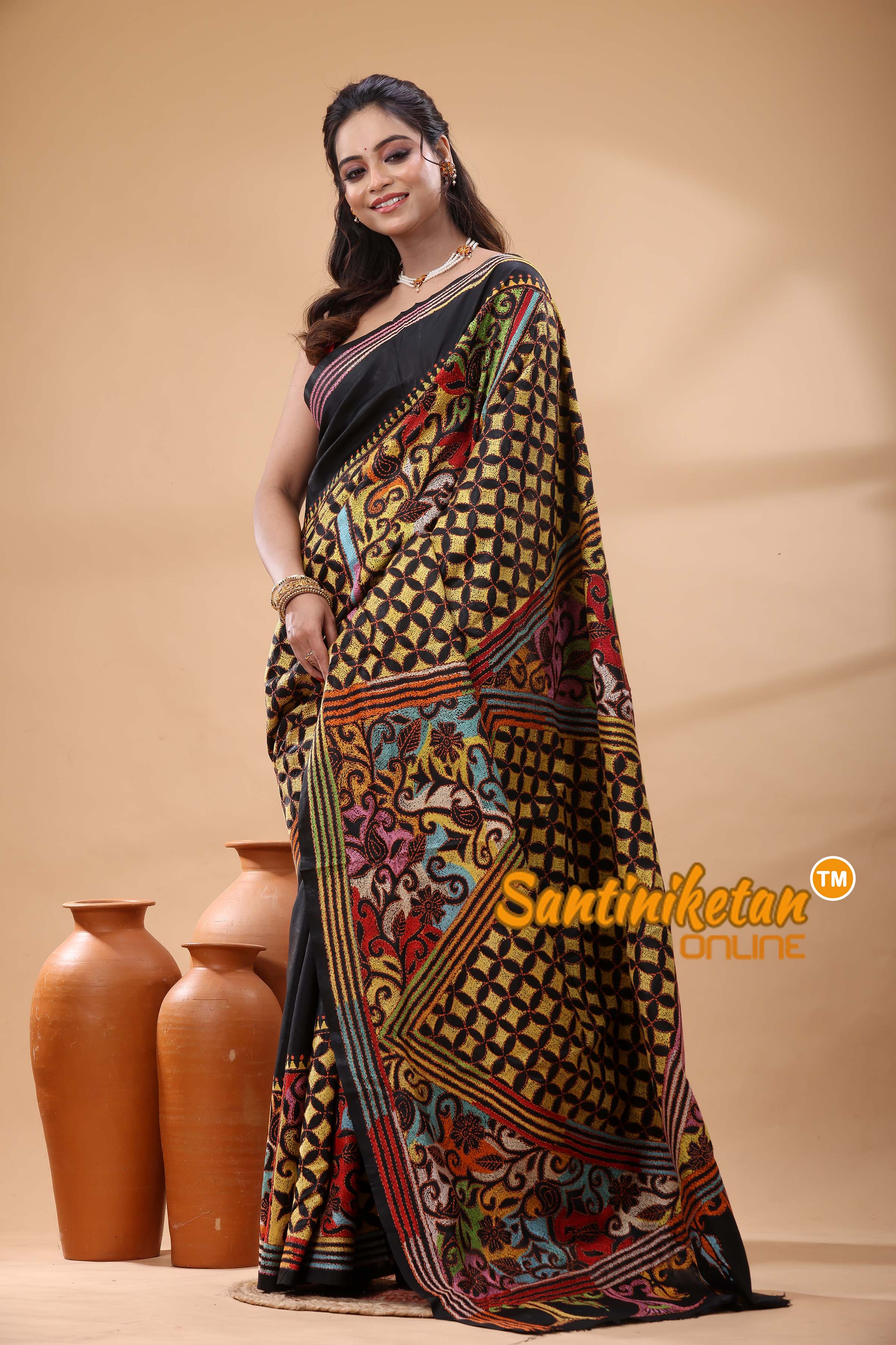 Pure Bangalore Silk Kantha Stitch Saree