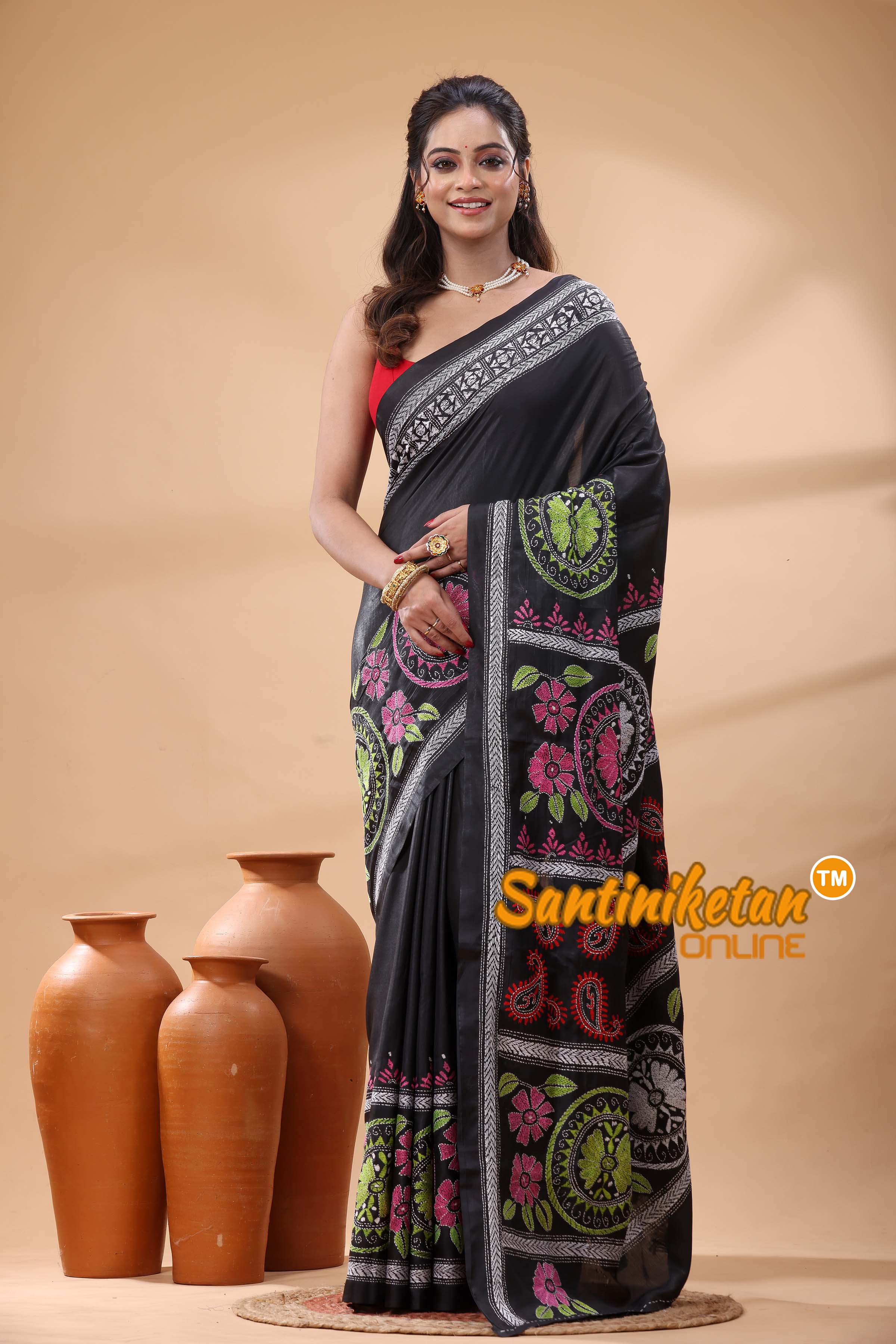 Bangalore Silk Kantha Stitch Saree