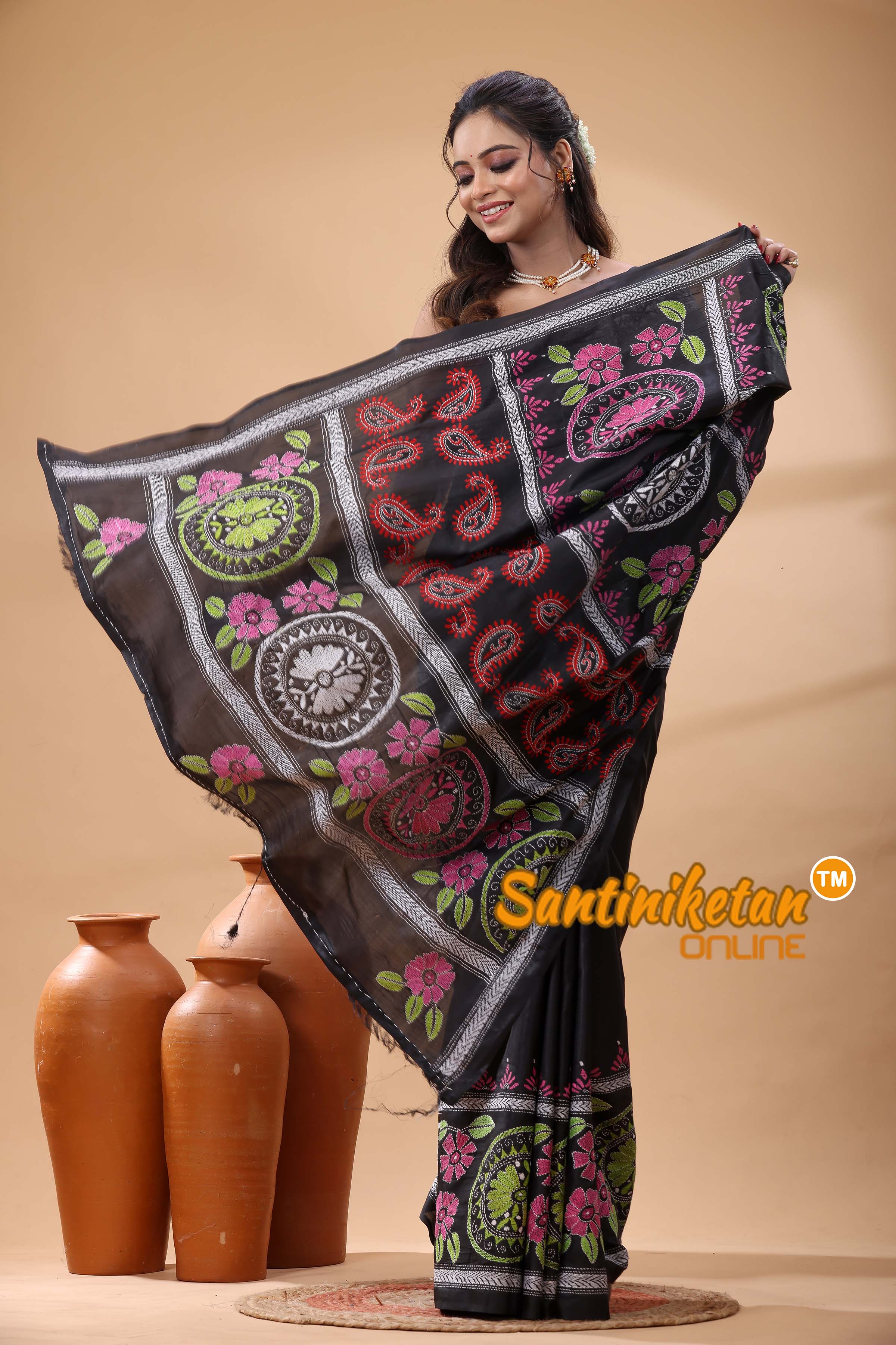 Bangalore Silk Kantha Stitch Saree