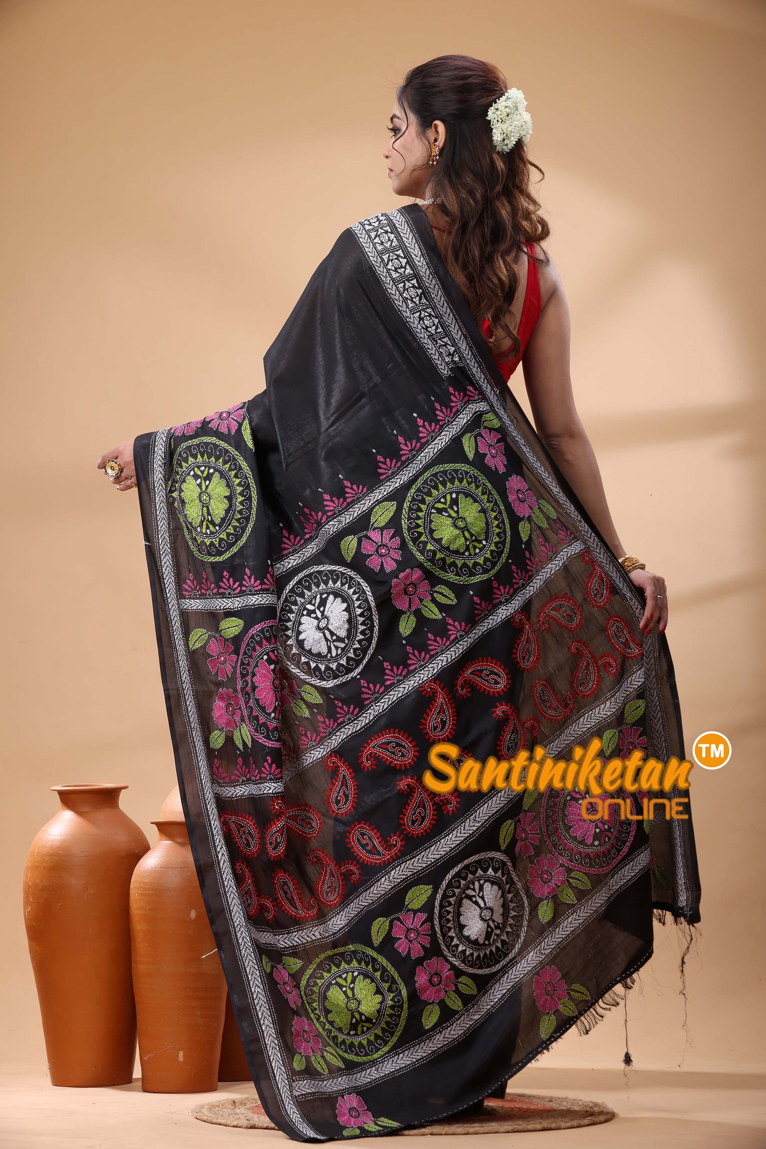 Bangalore Silk Kantha Stitch Saree