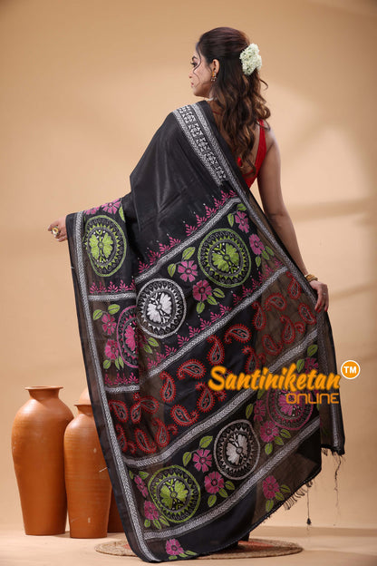 Bangalore Silk Kantha Stitch Saree